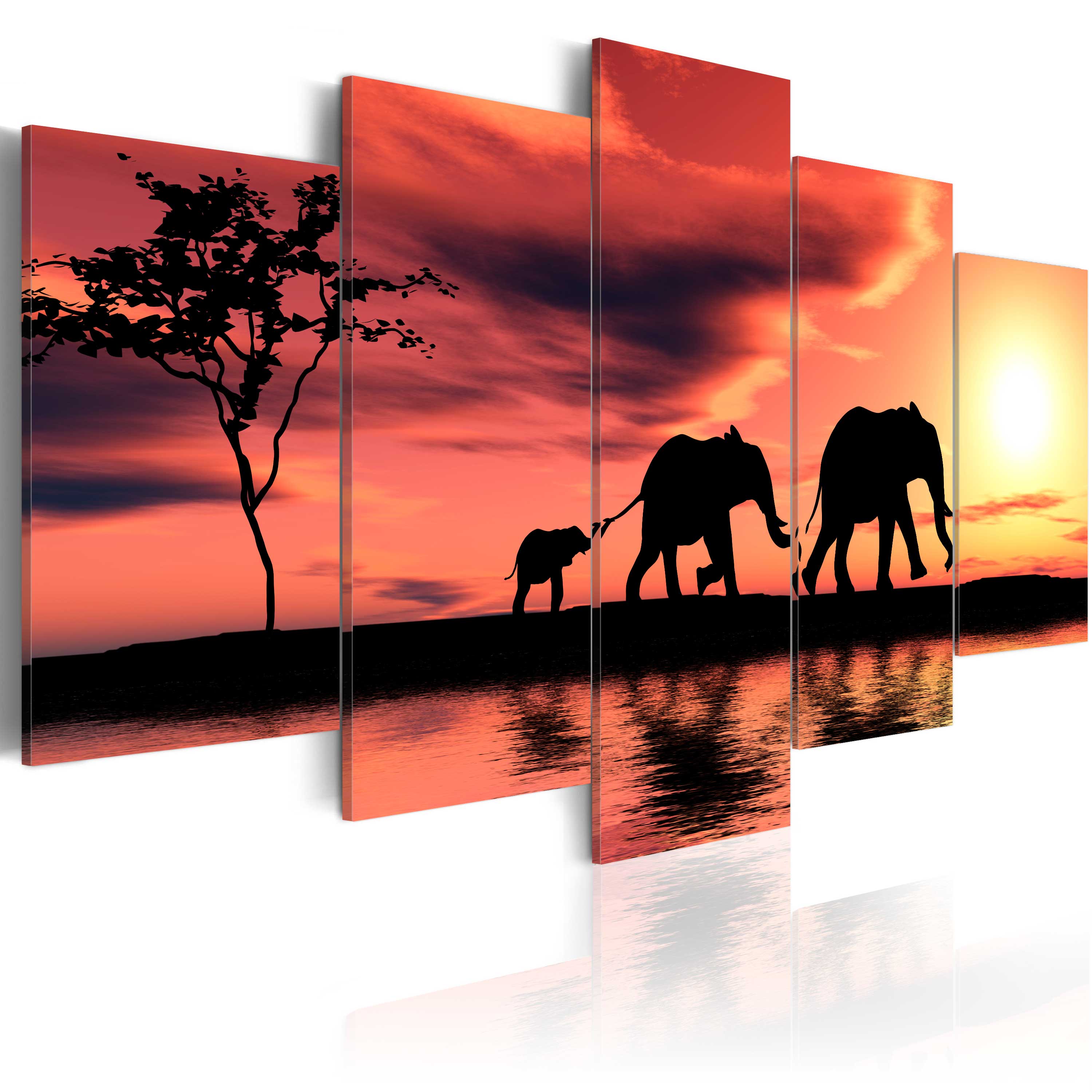ARTGEIST African elephants family - Elefanter i solnedgangen trykt på lærred - Flere størrelser 200x100