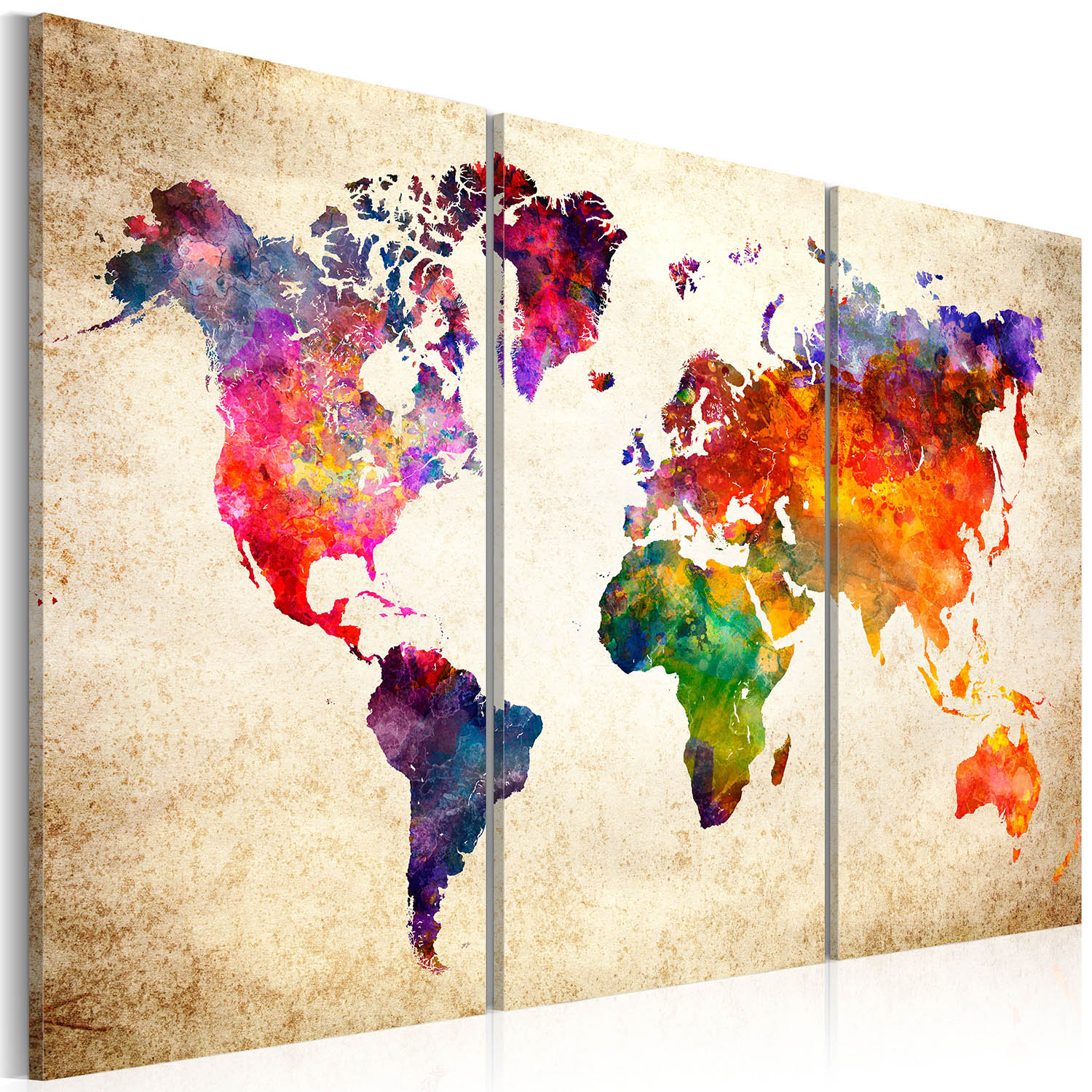 Billede af Artgeist - Verdenskort med vandfarve look trykt på lærred, 3-delt - Flere størrelser 90x60