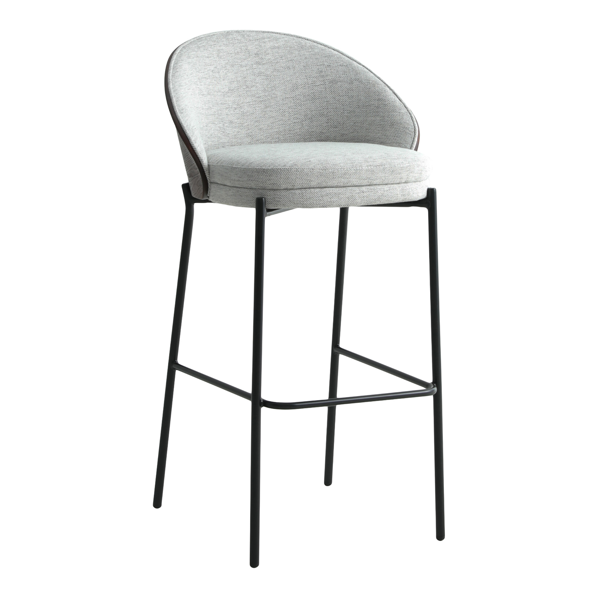 HOUSE NORDIC Canelas barstol, m. ryglæn og fodstøtte - lysegrå stof, mørkebrun MDF og sort stål