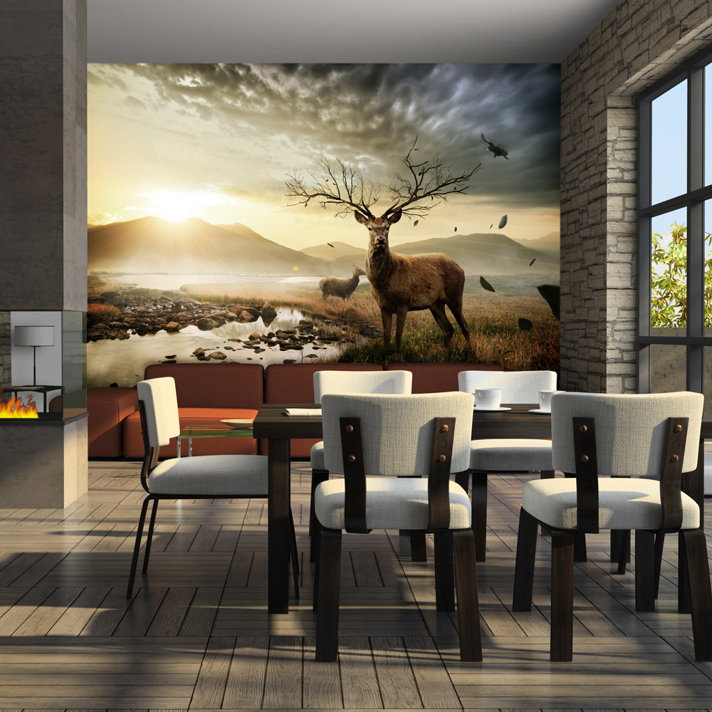 ARTGEIST - Fototapet med hjorte i smukt landskab og bjerge i baggrunden - Flere størrelser 300x231