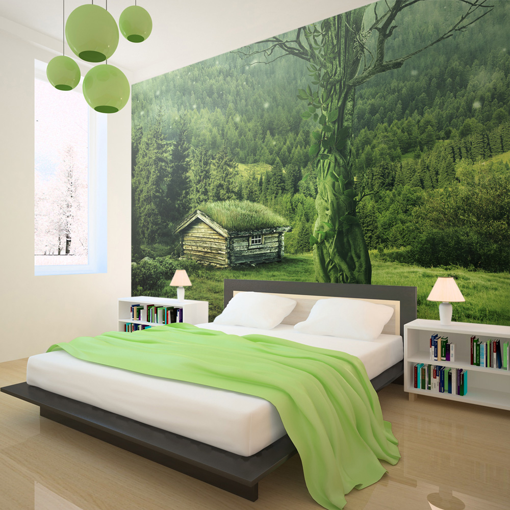 ARTGEIST - Fototapet af bjælkehytte i frodigt grønt landskab - Flere størrelser  200x154