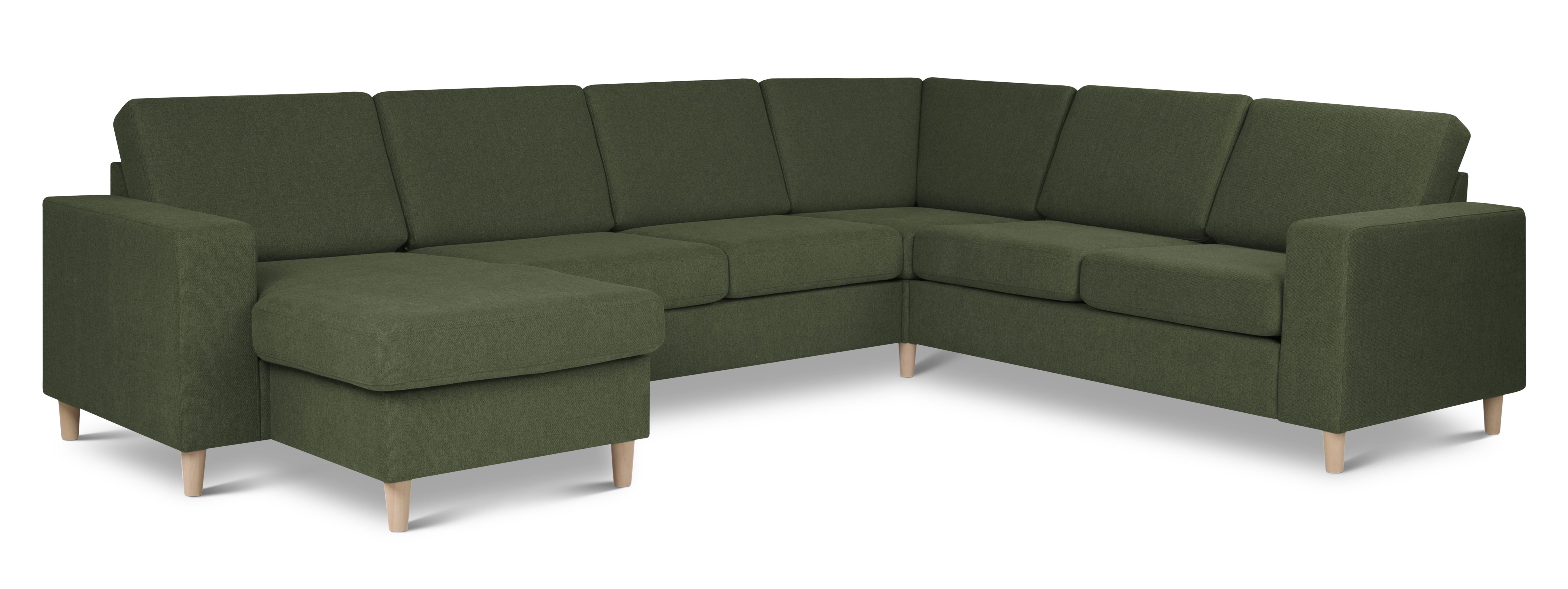Pan set 6 U 2C3D sofa med chaiselong - vinter mosgrøn polyester stof og natur træ