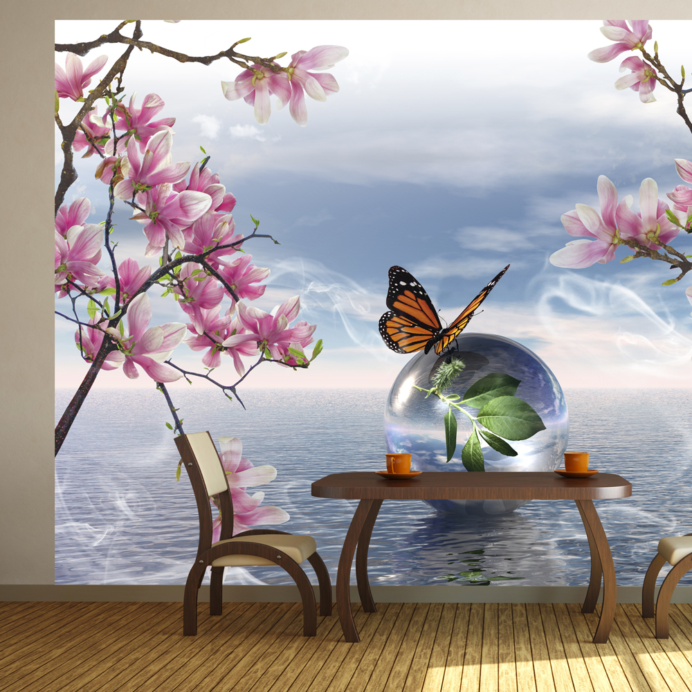 ARTGEIST Natur fototapet med motiv av körsbärsträd och fjäril på bubbla i havet