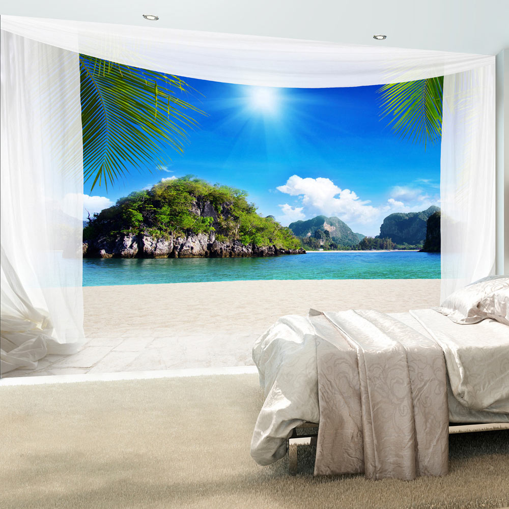 ARTGEIST Natur fototapeter med utsikt över stranden, palmbladen, havet och bergslandskapet