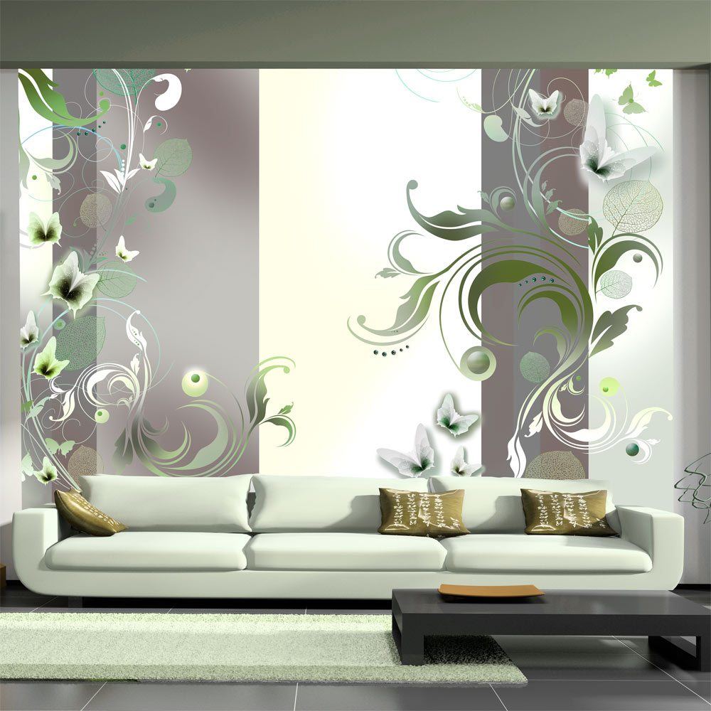 ARTGEIST - Fototapet i grønne og rolige nuancer med blomster og sommerfugle - Flere størrelser 100x70