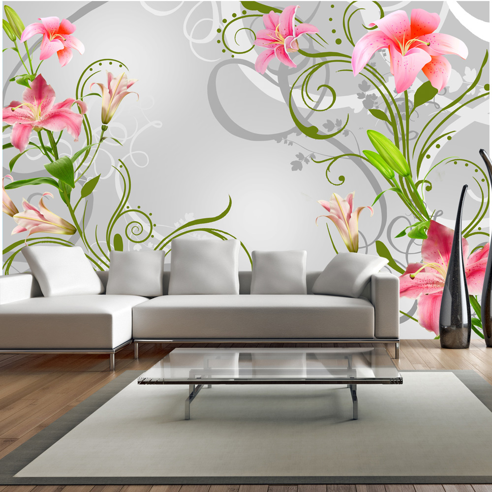 ARTGEIST - Fototapet med lyserøde liljer på grå baggrund - Flere størrelser 100x70