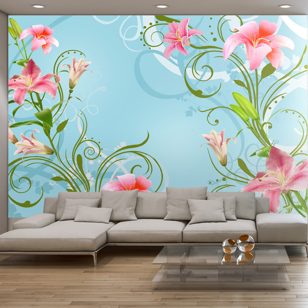 ARTGEIST - Fototapet med lyserøde liljer på blå baggrund - Flere størrelser 350x245