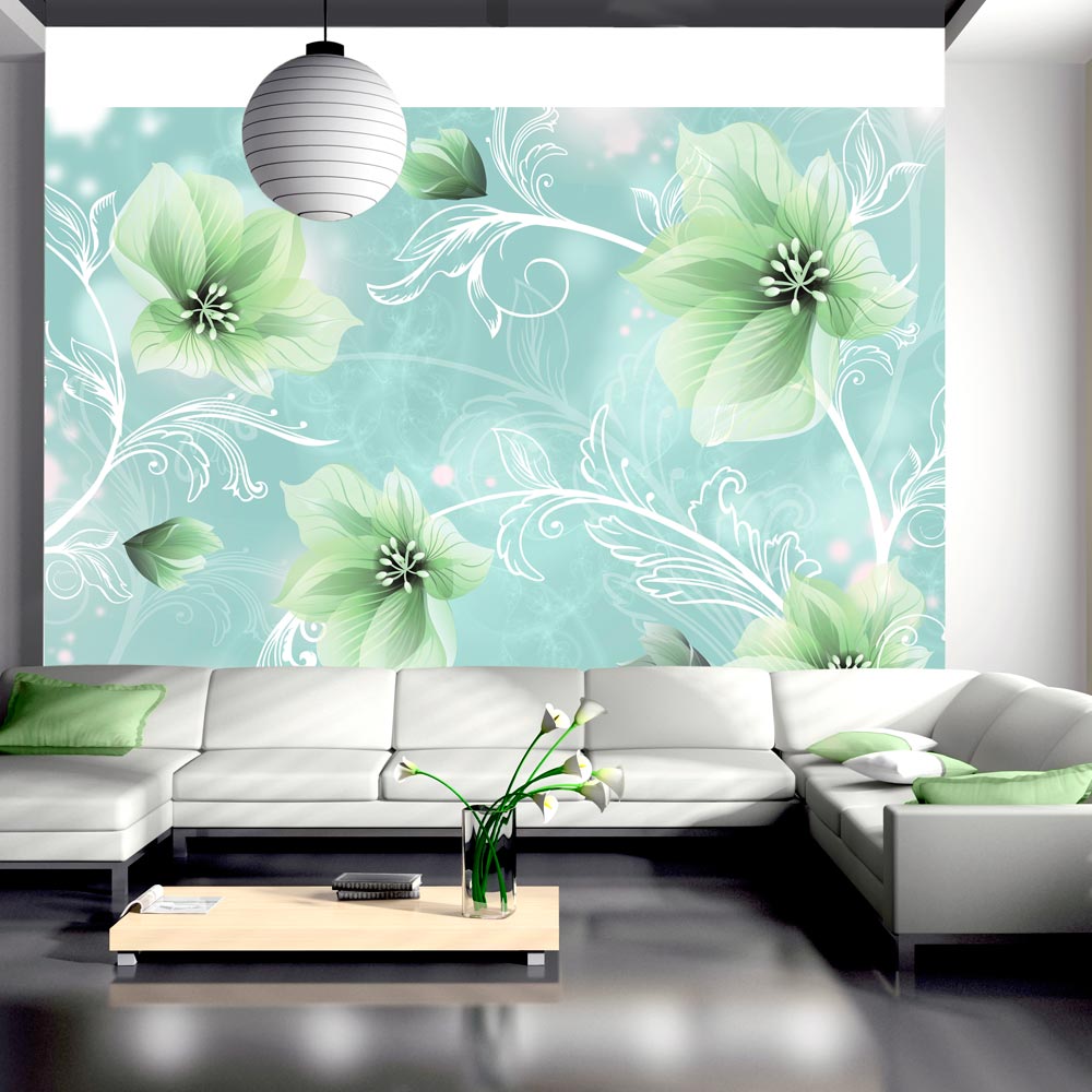 ARTGEIST - Fototapet med grønne blomster på lys blå baggrund - Flere størrelser 400x280