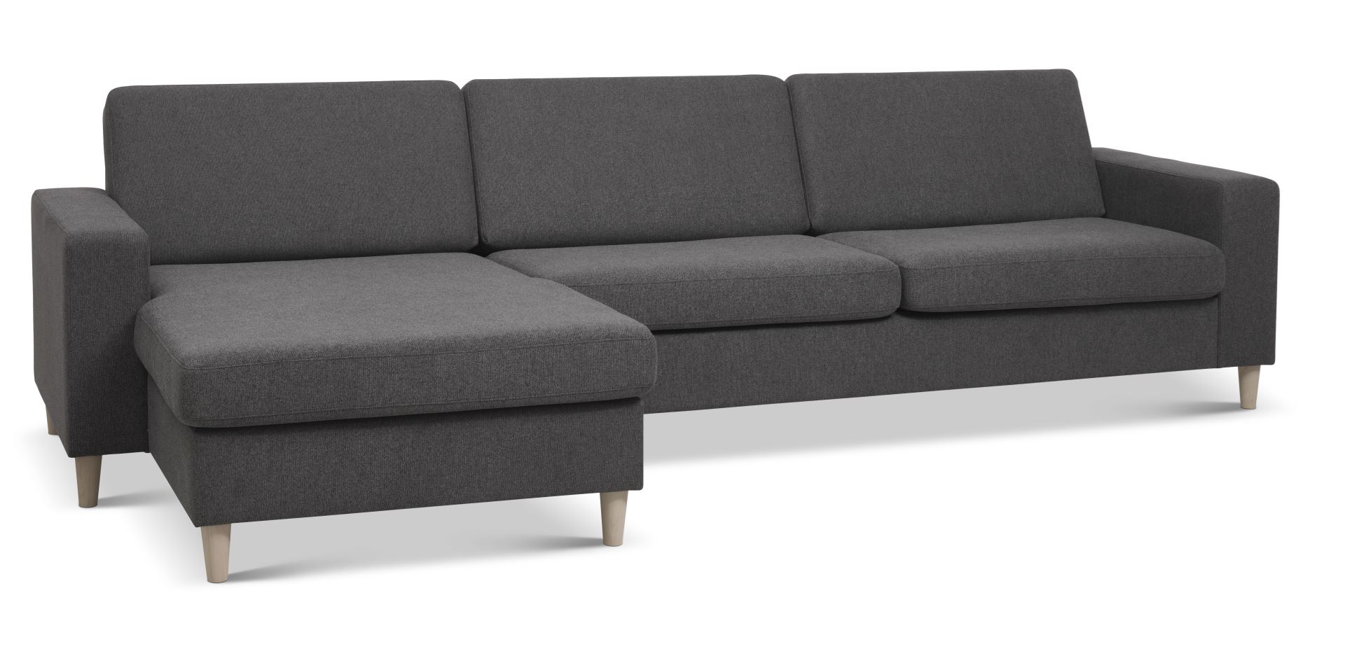 Pan set 8 3D XL sofa, m. chaiselong - antracitgrå polyester stof og natur træ