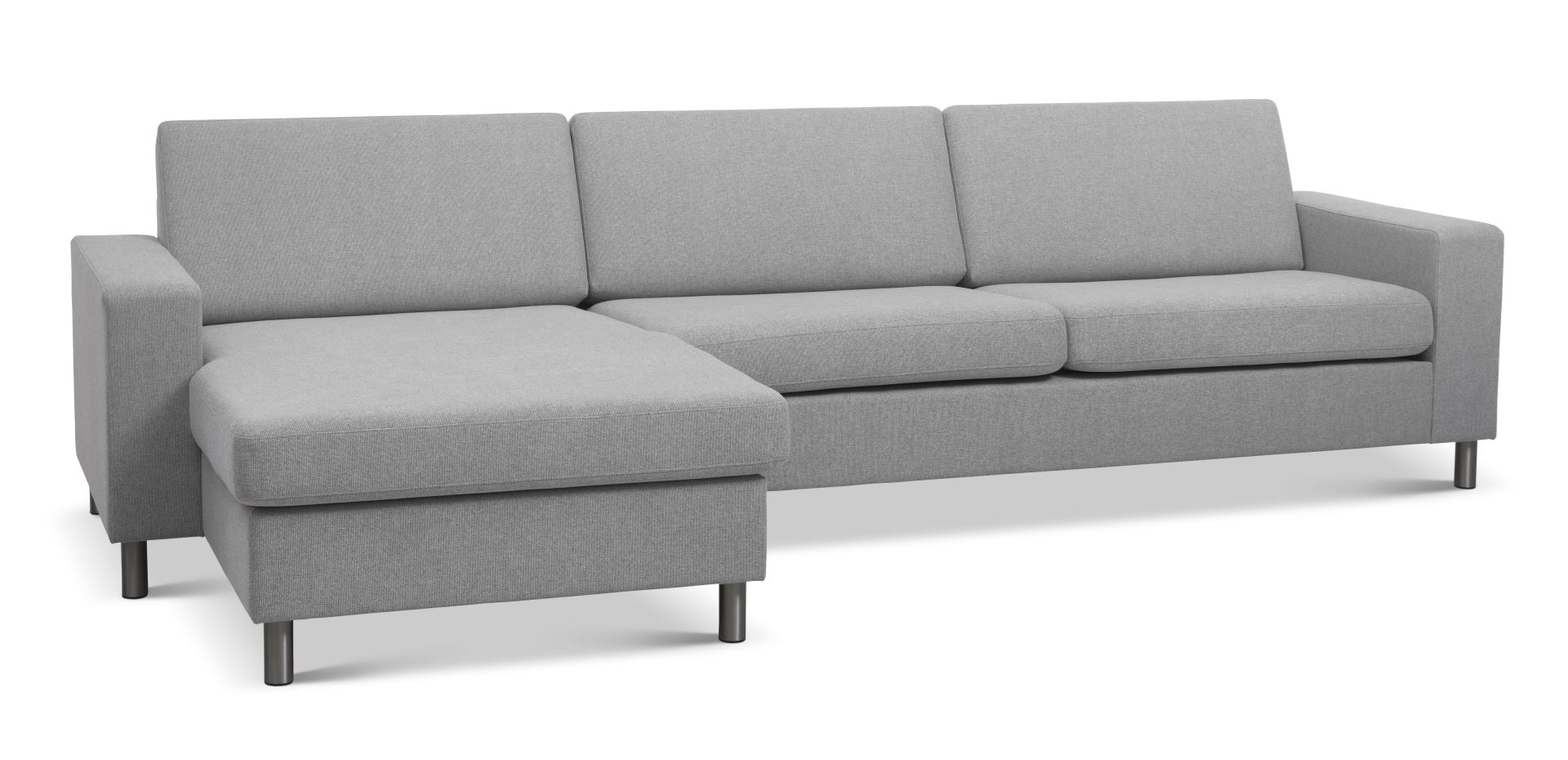 Pan set 8 3D XL sofa, m. chaiselong - grå polyester stof og børstet aluminium