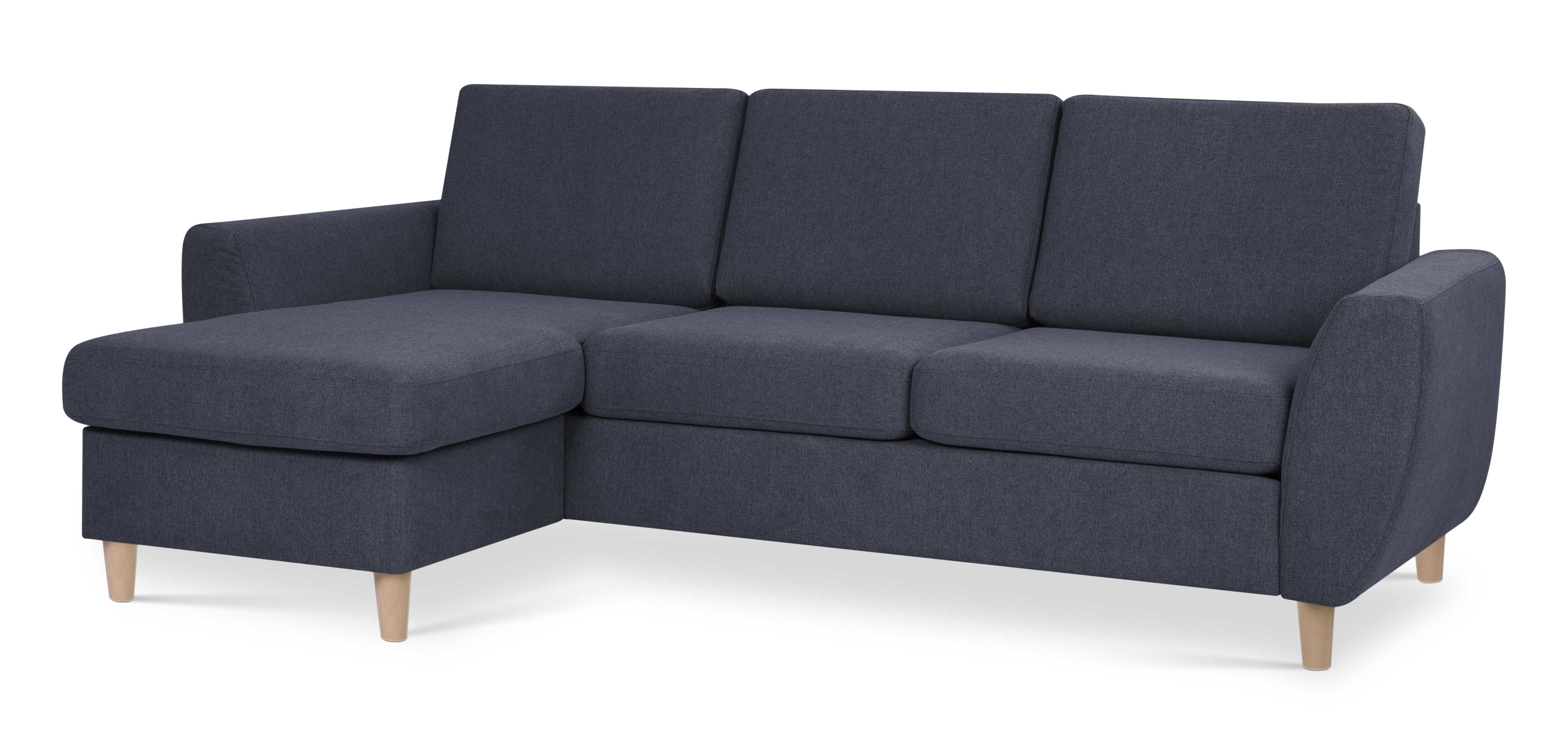 Wendy set 1 3D sofa, m. chaiselong - blå polyester stof og natur træ