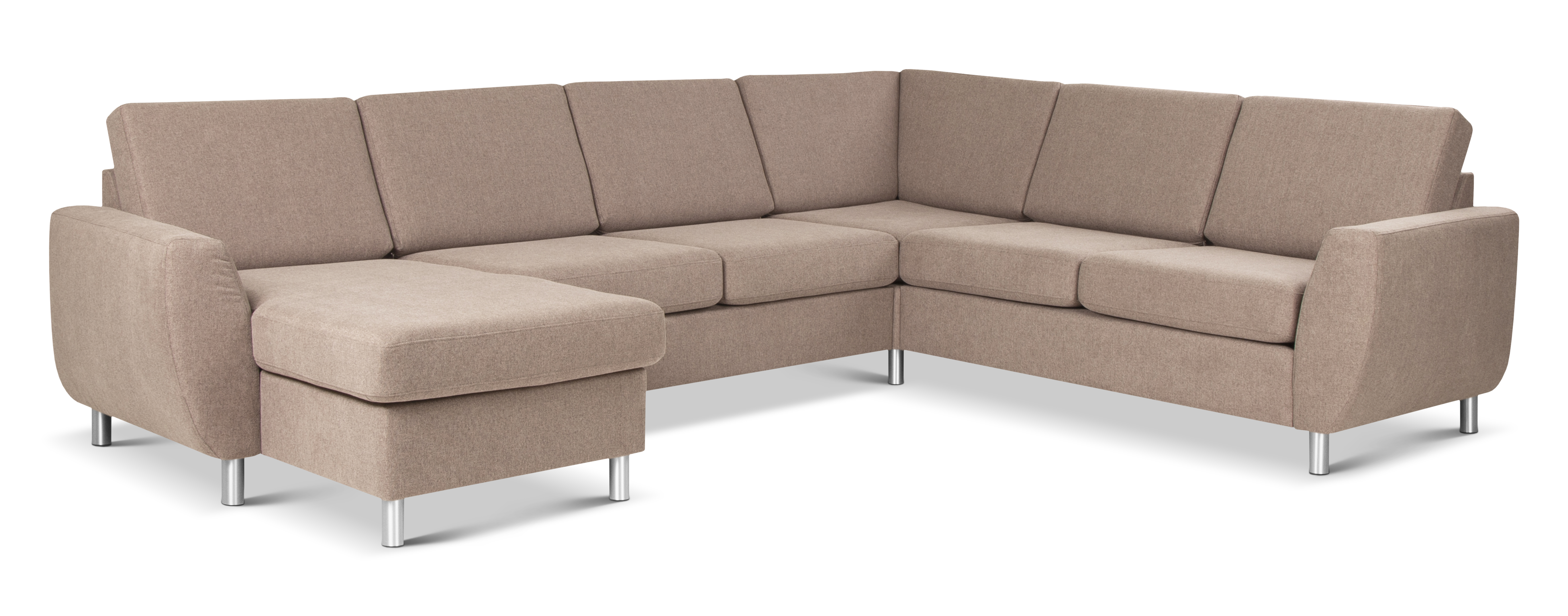 Wendy set 6 U 2C3D sofa, m. chaiselong - antelope beige polyester stof og børstet aluminium