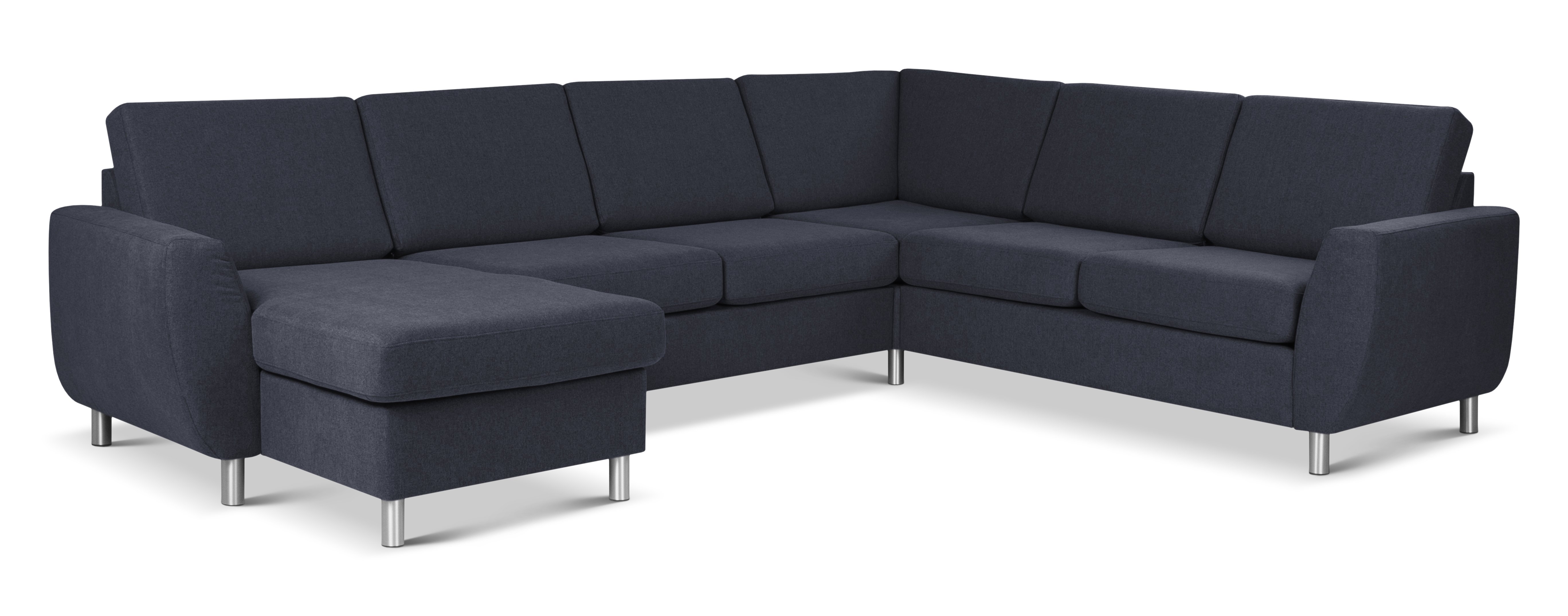 Wendy set 6 U 2C3D sofa, m. chaiselong - blå polyester stof og børstet aluminium