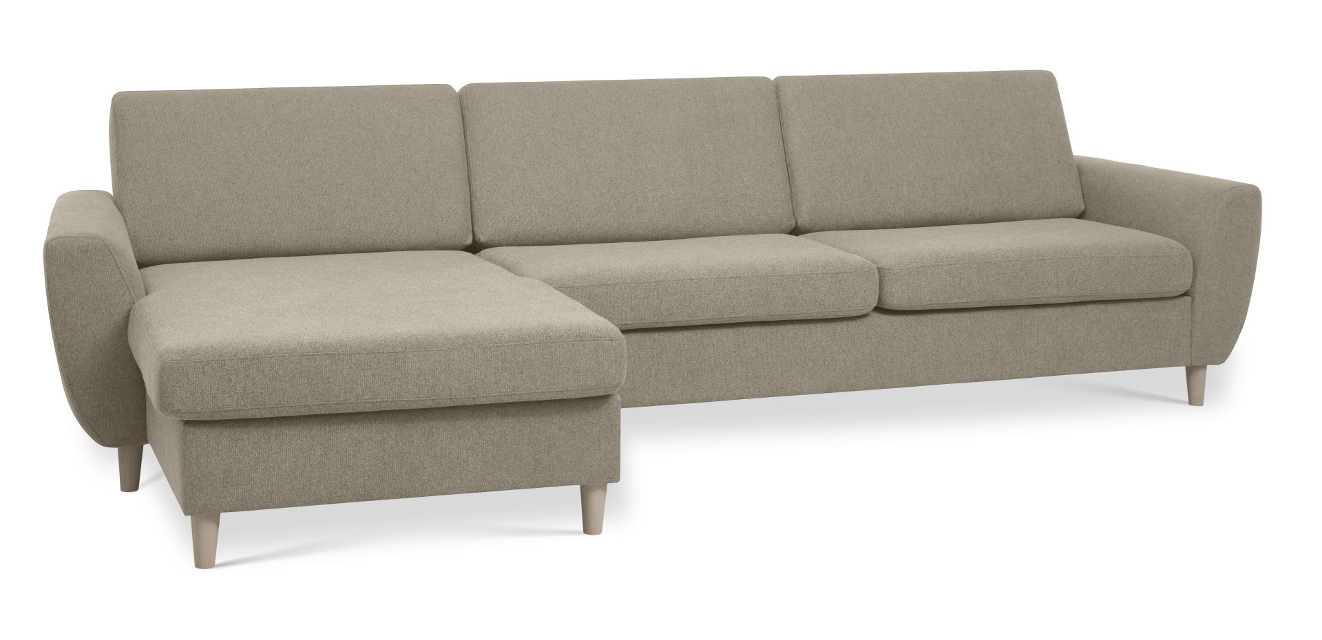 Wendy set 8 3D XL sofa, m. chaiselong - antelope beige polyester stof og natur træ