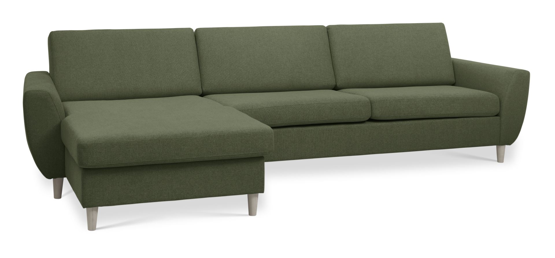 Wendy set 8 3D XL sofa, m. chaiselong - vinter mosgrøn polyester stof og natur træ