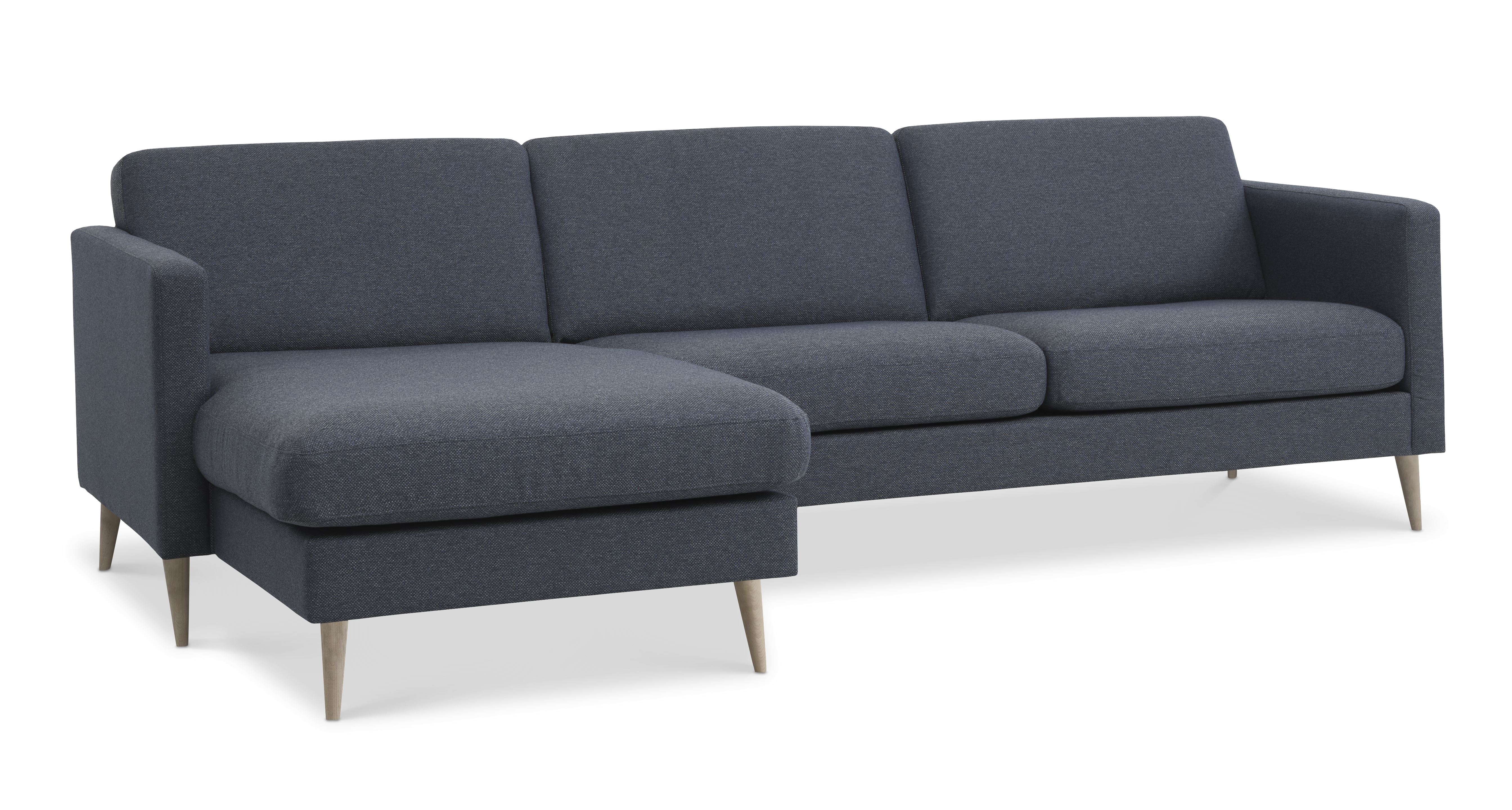 Ask sæt 51 3D sofa, m. chaiselong - navy blå polyester stof og natur træ
