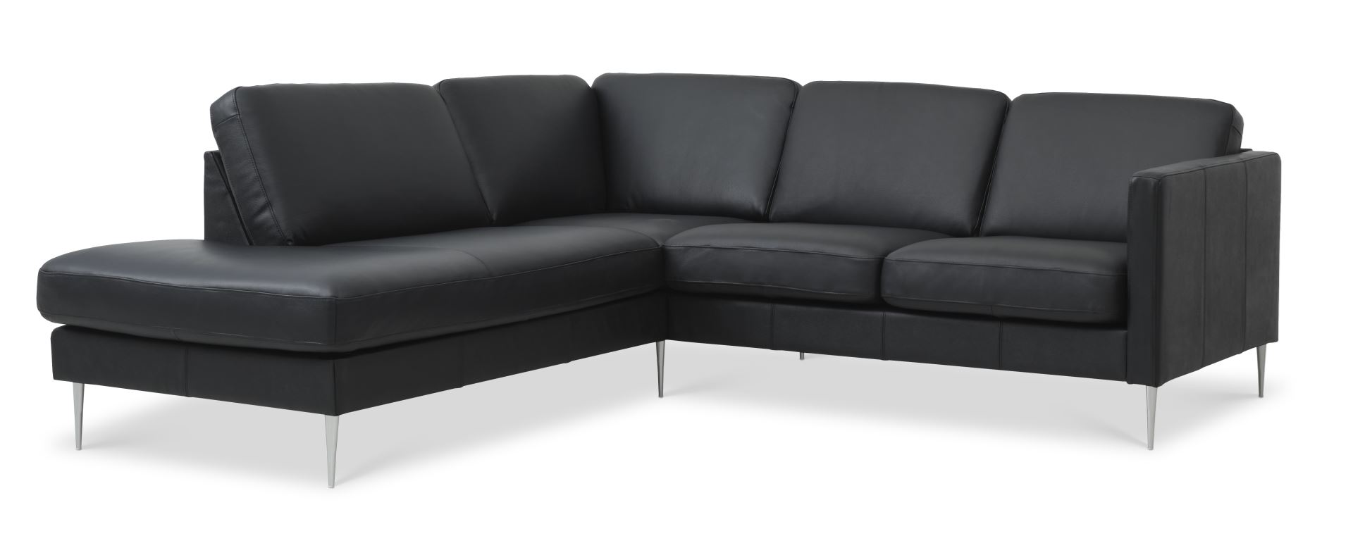 Ask sæt 52 lille OE sofa, m. venstre chaiselong - sort semianilin læder og børstet aluminium