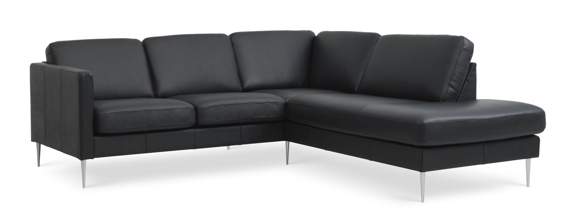 Ask sæt 53 lille OE sofa, m. højre chaiselong - sort semianilin læder og børstet aluminium