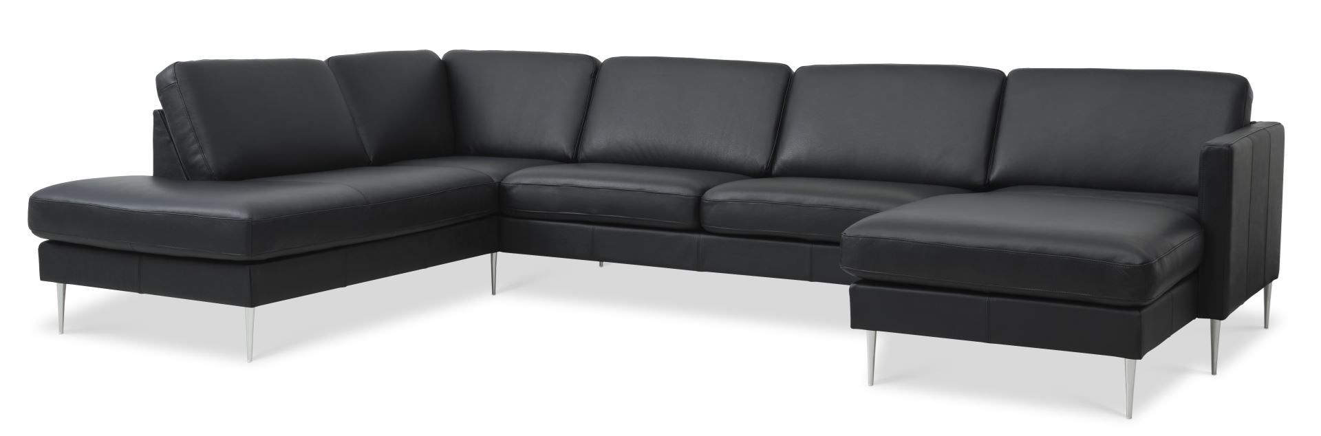 Ask sæt 54 U OE sofa, m. venstre chaiselong - sort semianilin læder og børstet aluminium