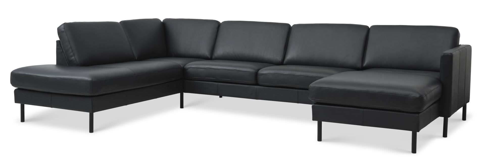 Ask sæt 54 U OE sofa, m. venstre chaiselong - sort semianilin læder og sort metal