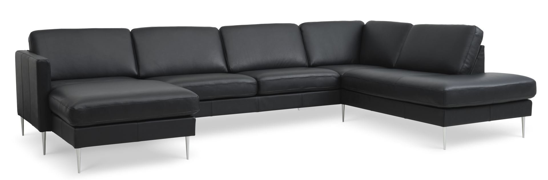 Ask sæt 55 U OE sofa, m. højre chaiselong - sort semianilin læder og børstet aluminium