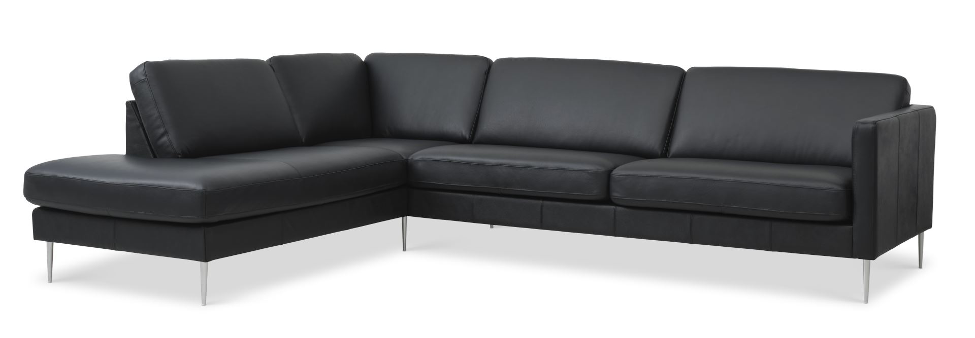 Ask sæt 60 stor OE sofa, m. venstre chaiselong - sort semianilin læder og børstet aluminium