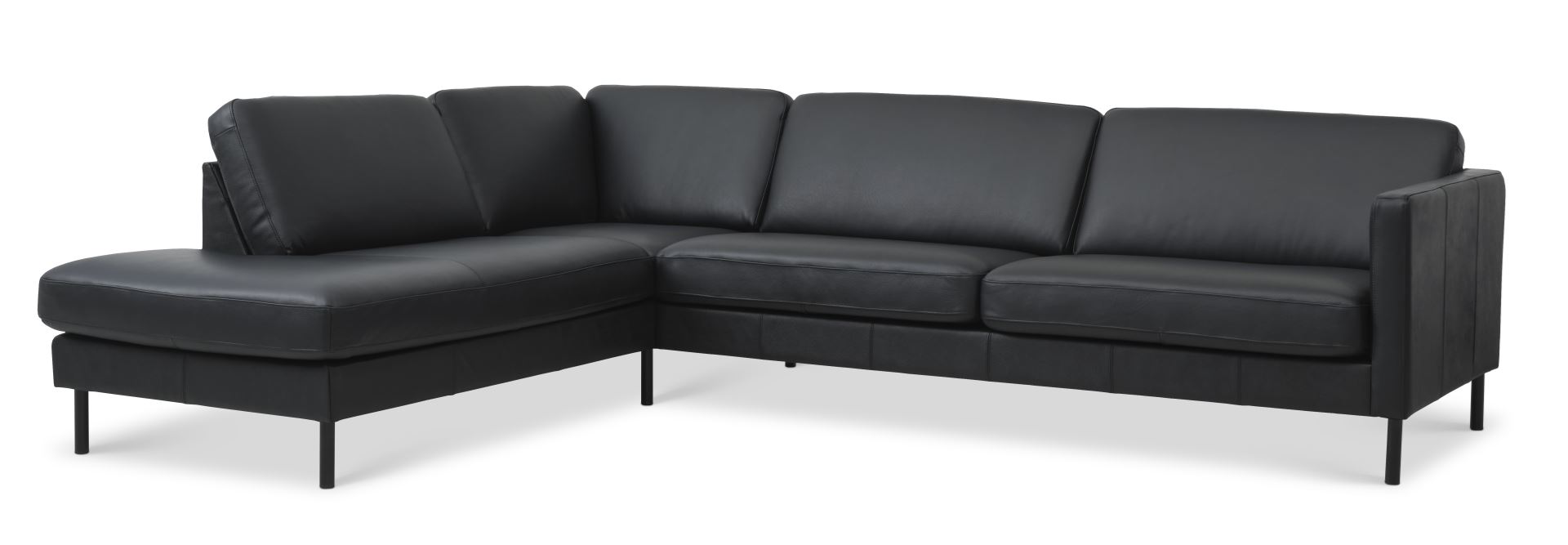 Ask sæt 60 stor OE sofa, m. venstre chaiselong - sort semianilin læder og sort metal