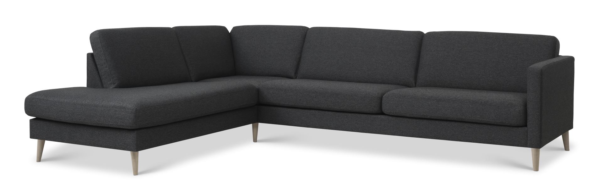 Ask sæt 60 stor OE sofa, m. venstre chaiselong - antracitgrå polyester stof og natur træ