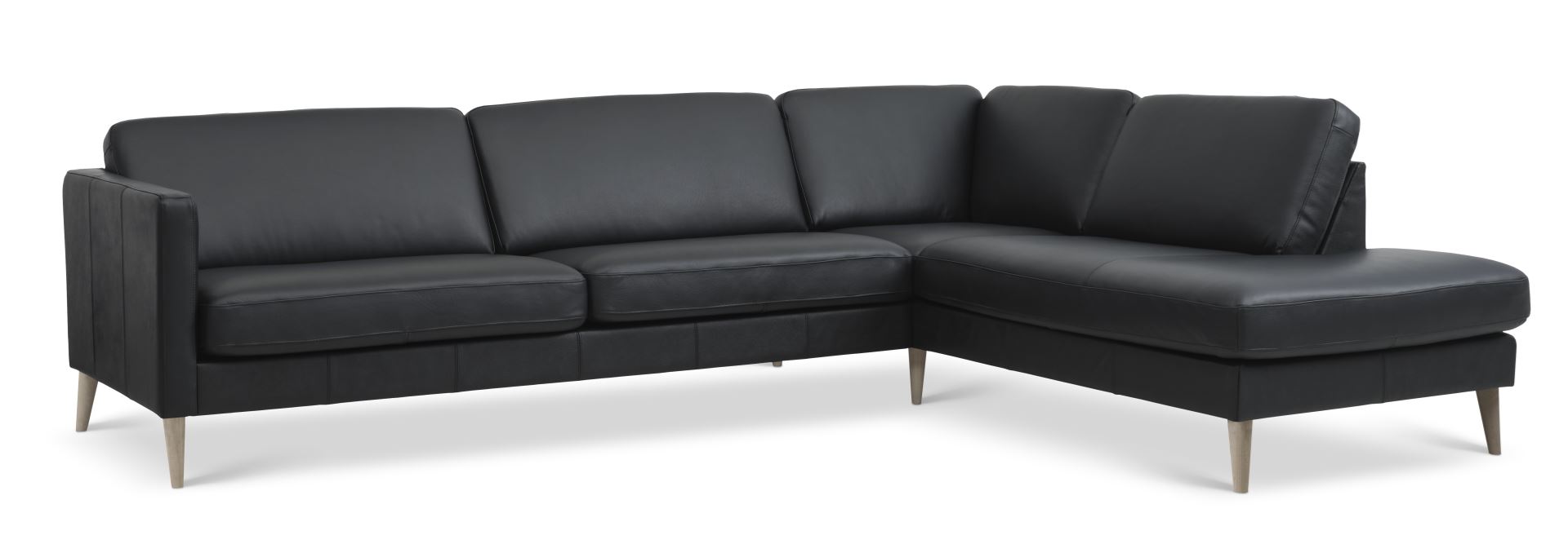 Ask sæt 61 stor OE sofa, m. højre chaiselong - sort semianilin læder og natur træ