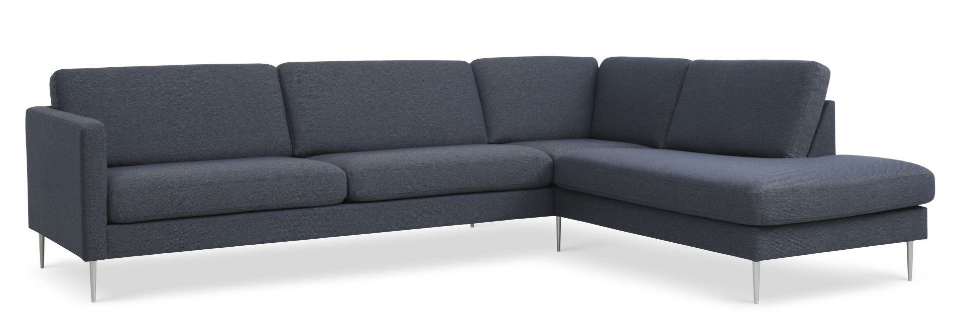 Ask sæt 61 stor OE sofa, m. højre chaiselong - navy blåt polyester stof og børstet aluminium