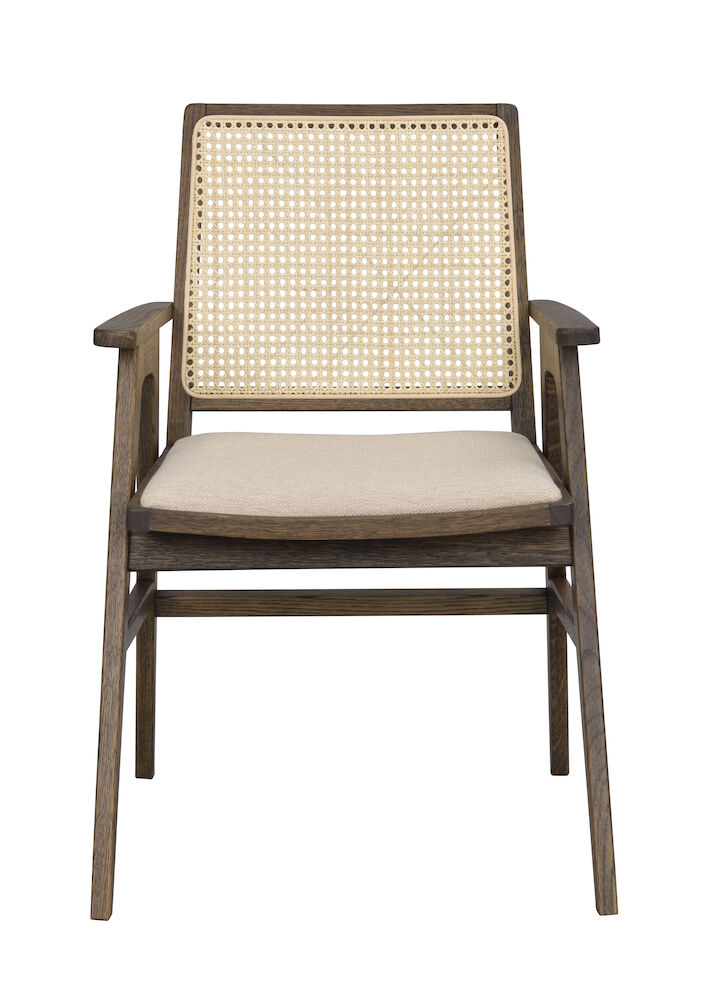 ROWICO Prestwick spisebordsstol, m. armlæn - natur rattan, beige stof og brun eg