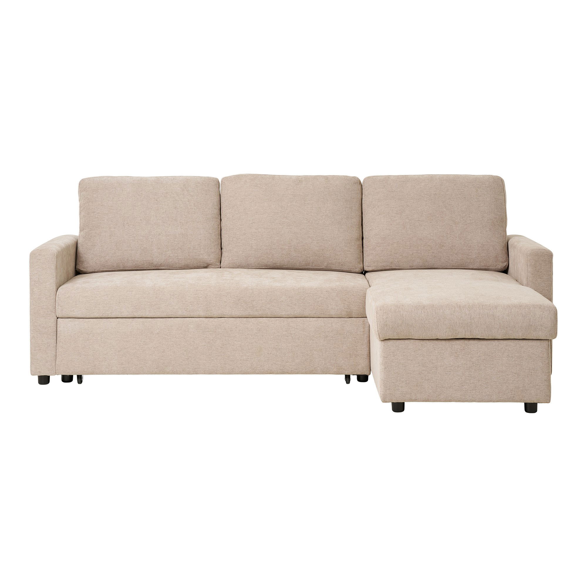 HOUSE NORDIC Belfast sovesofa, med sjeselong og oppbevaring – mørk sand polyester og naturlige ben
