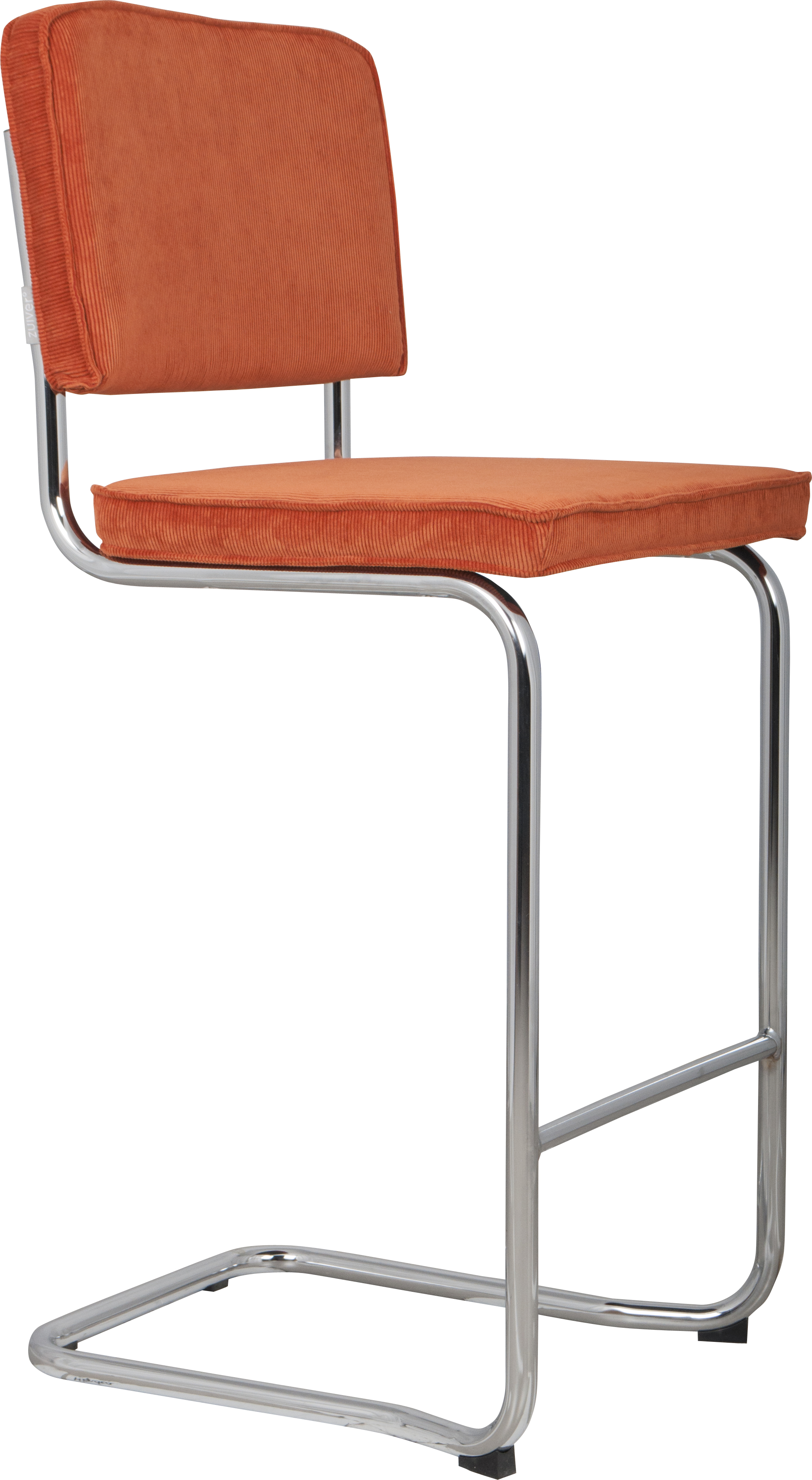 ZUIVER Ridge Rib Kink barstol, m. ryglæn og fodstøtte – orange fløjl og sølv krom
