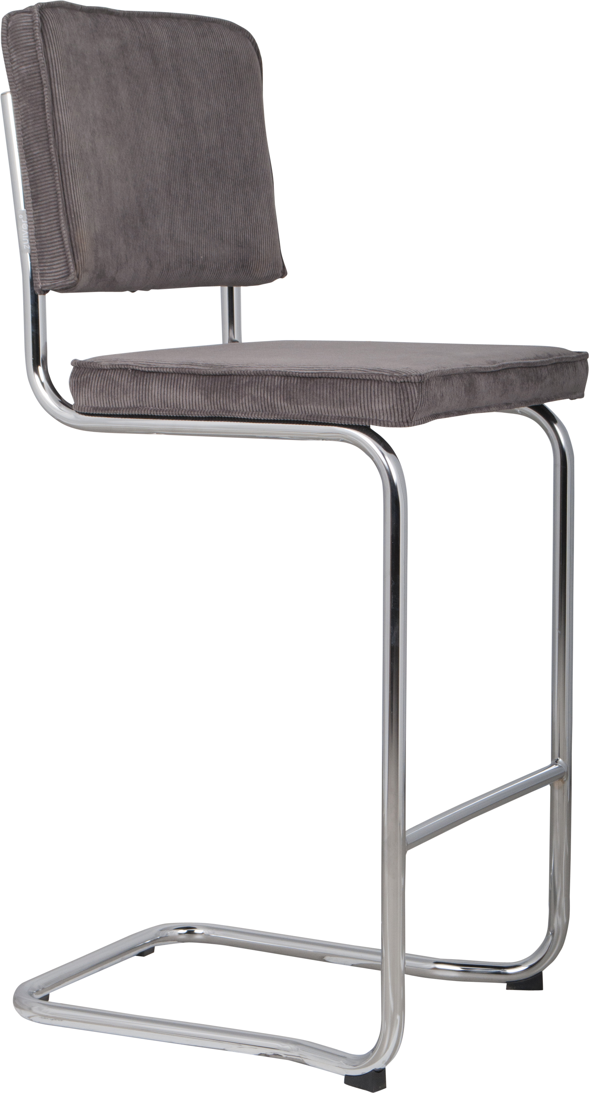 ZUIVER Ridge Rib Kink barstol, m. ryglæn og fodstøtte – grå fløjl og sølv krom