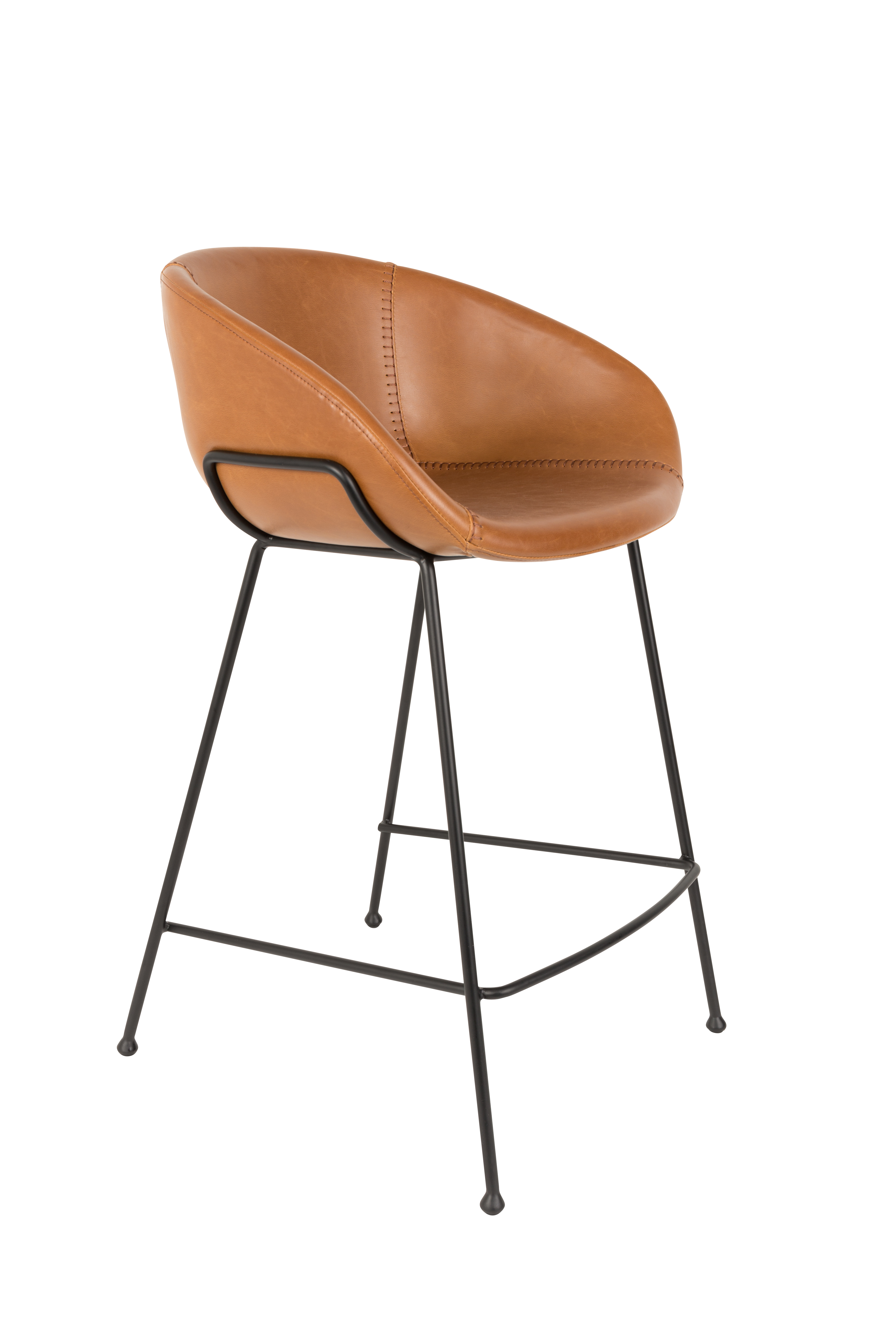 ZUIVER Feston barstol, m. ryglæn, armlæn og fodstøtte – brun PU og sort stål (65cm)