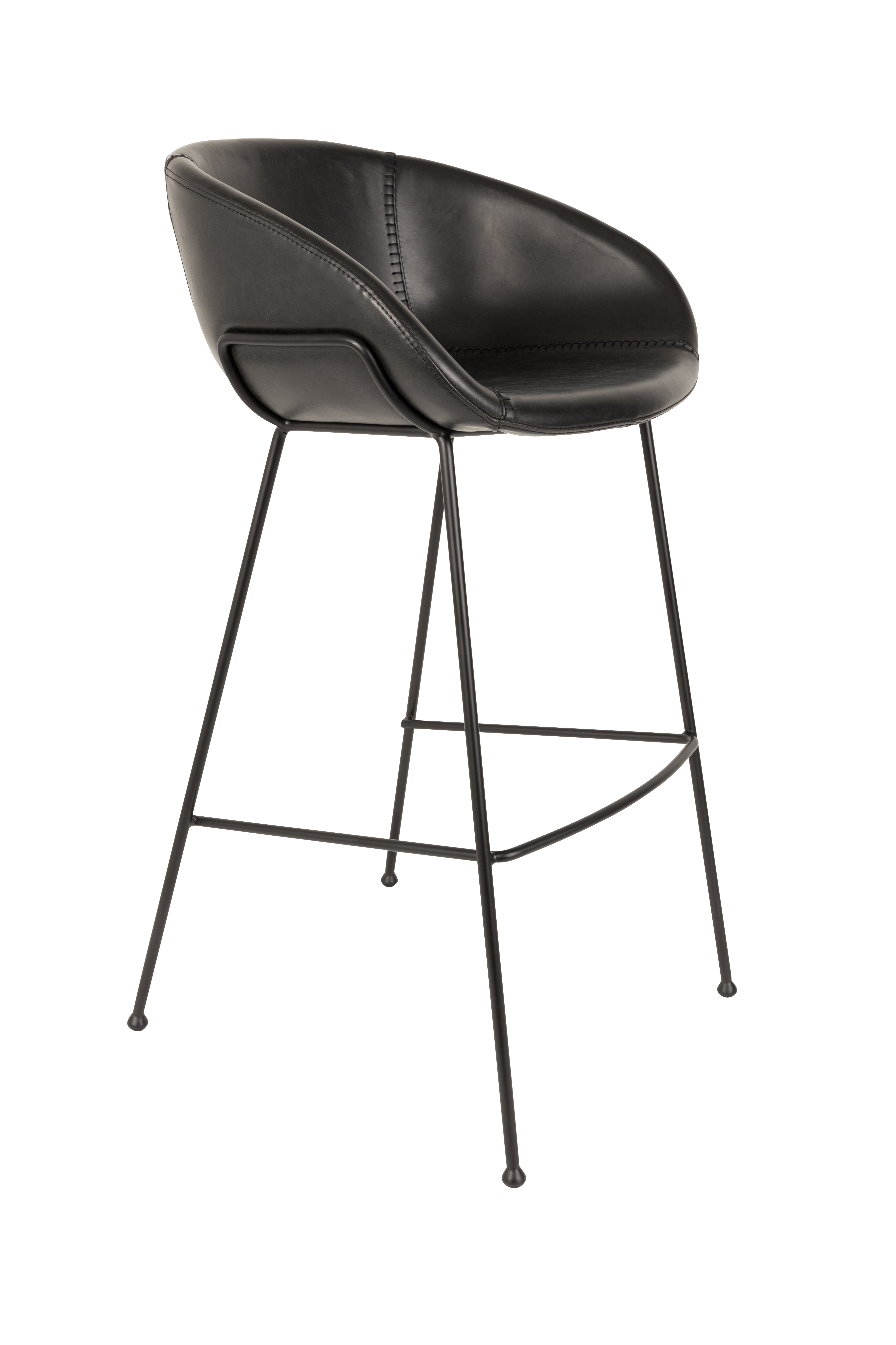 ZUIVER Feston barstol, m. ryglæn, armlæn og fodstøtte – sort PU og sort stål (76cm)