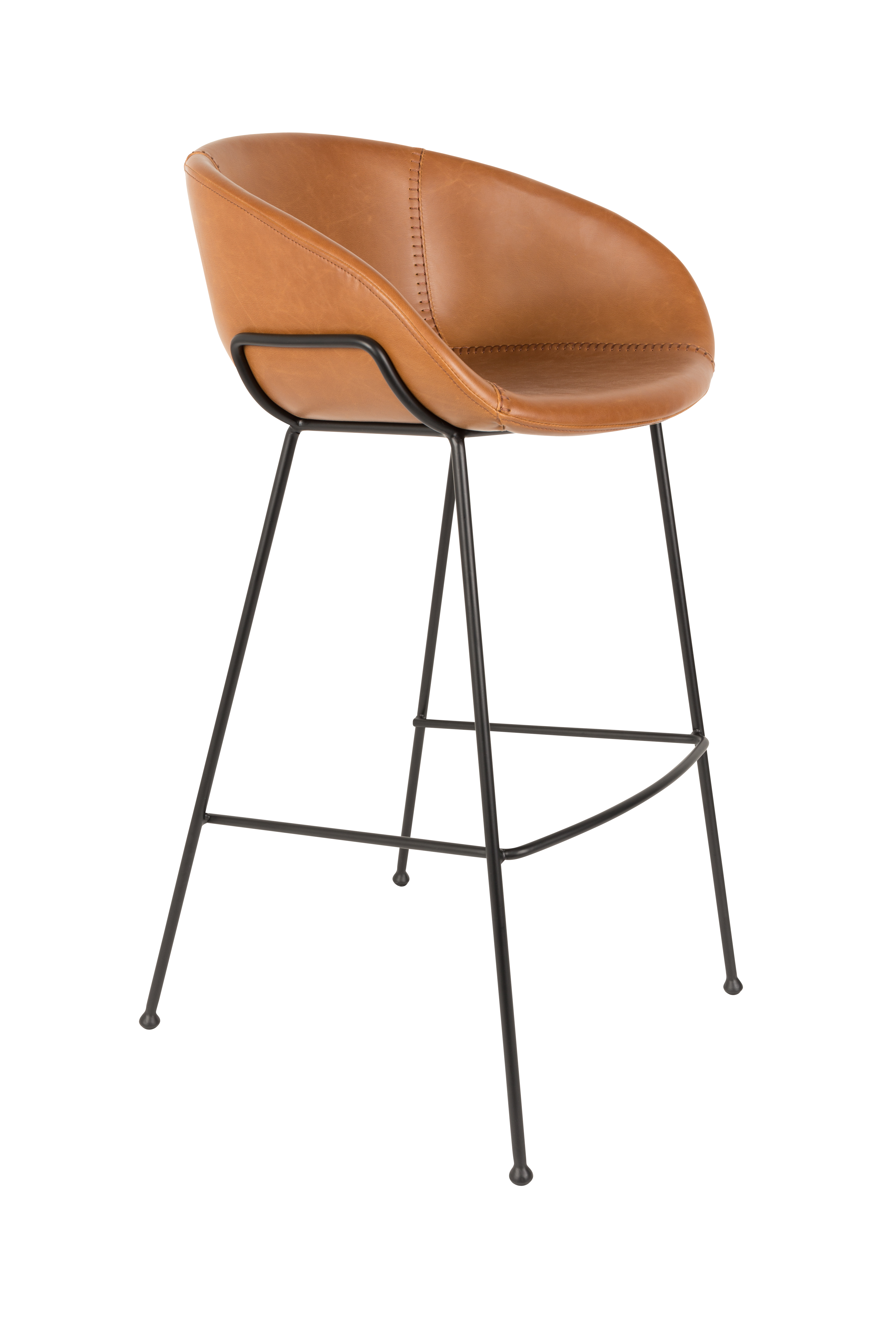ZUIVER Feston barstol, m. ryglæn, armlæn og fodstøtte – brun PU og sort stål (76cm)