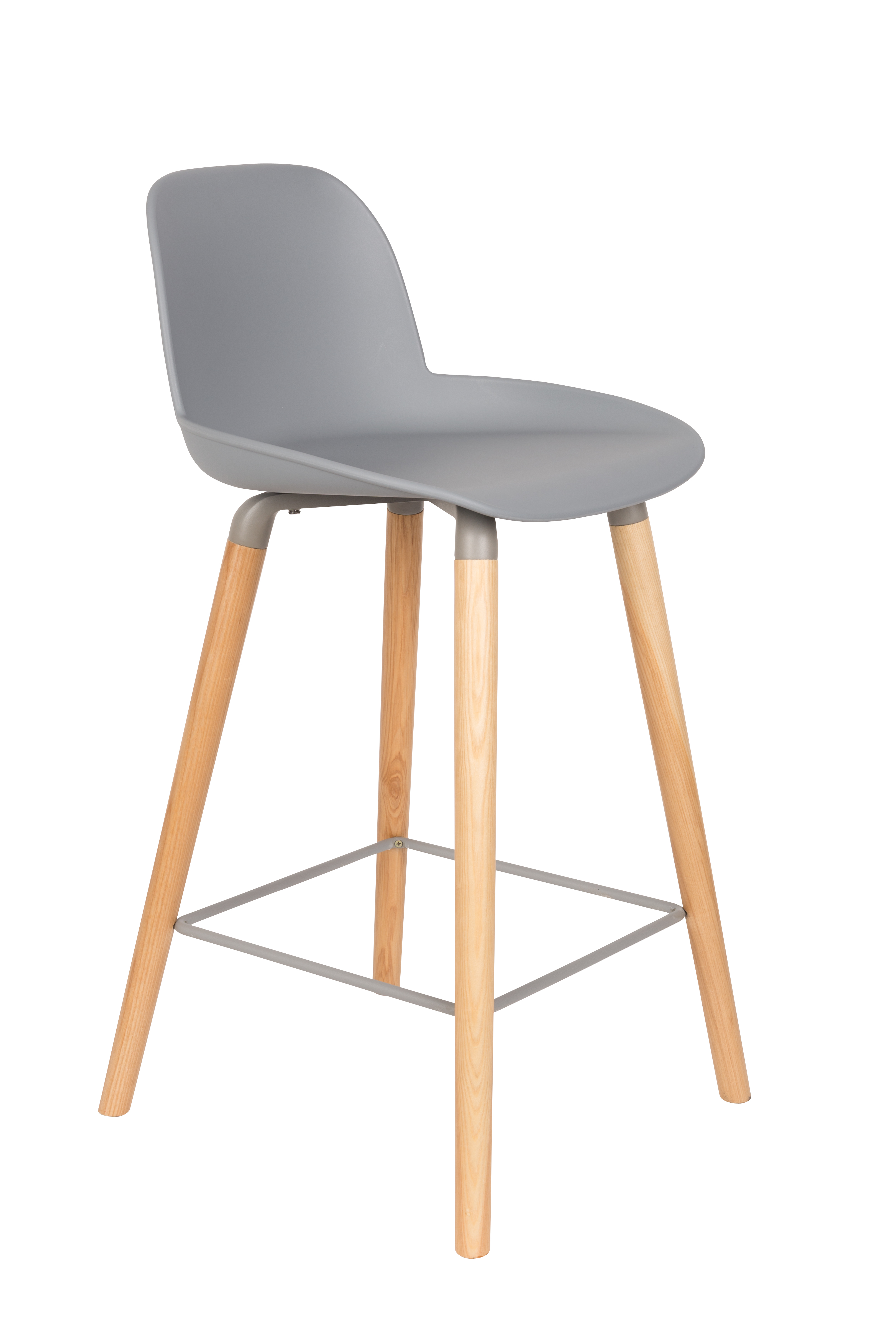 ZUIVER Albert Kuip barstol, m. ryglæn og fodstøtte – lysegrå polypropylen/natur ask (65cm)