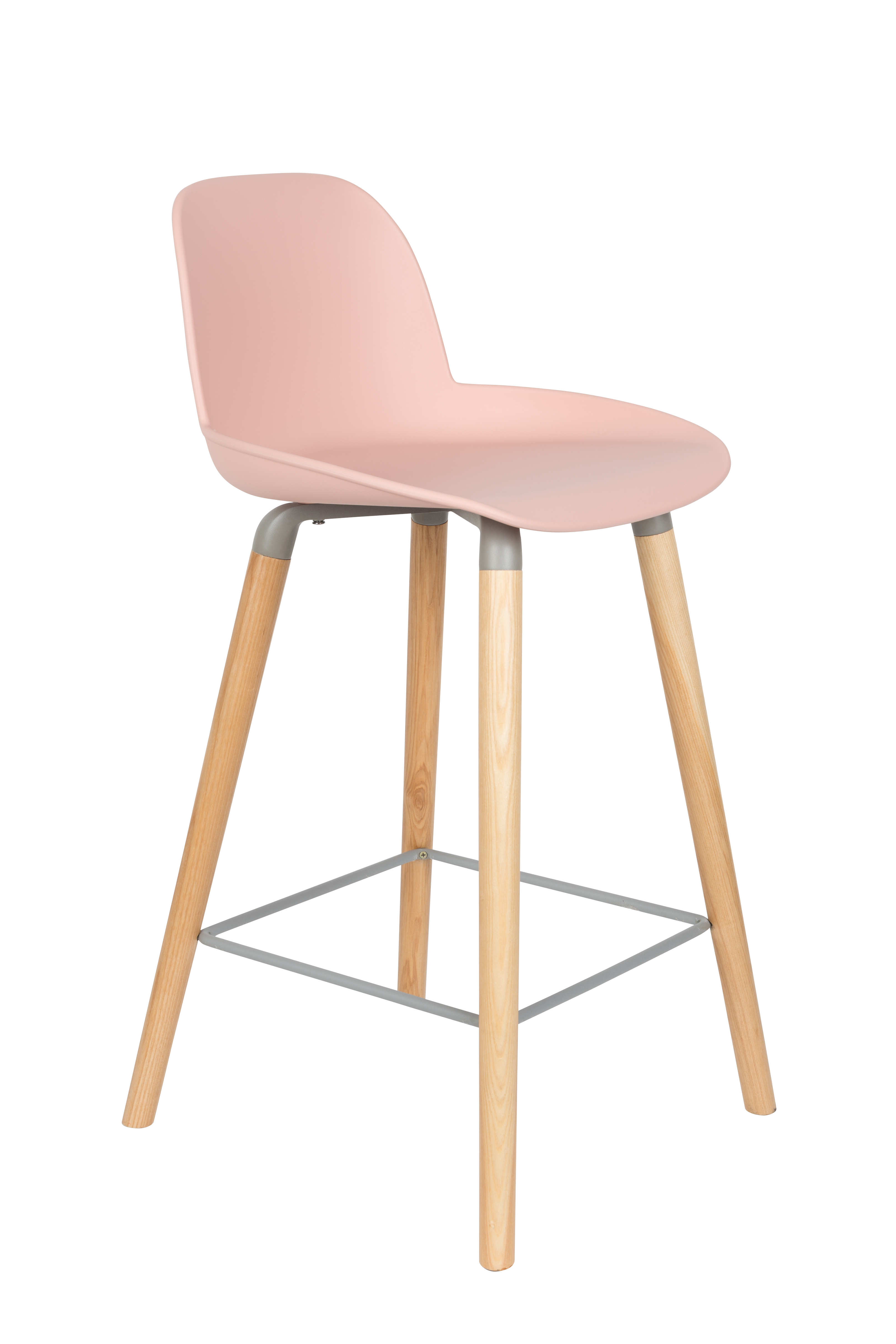 ZUIVER Albert Kuip barstol, m. ryglæn og fodstøtte – lyserød polypropylen/natur ask (65cm)