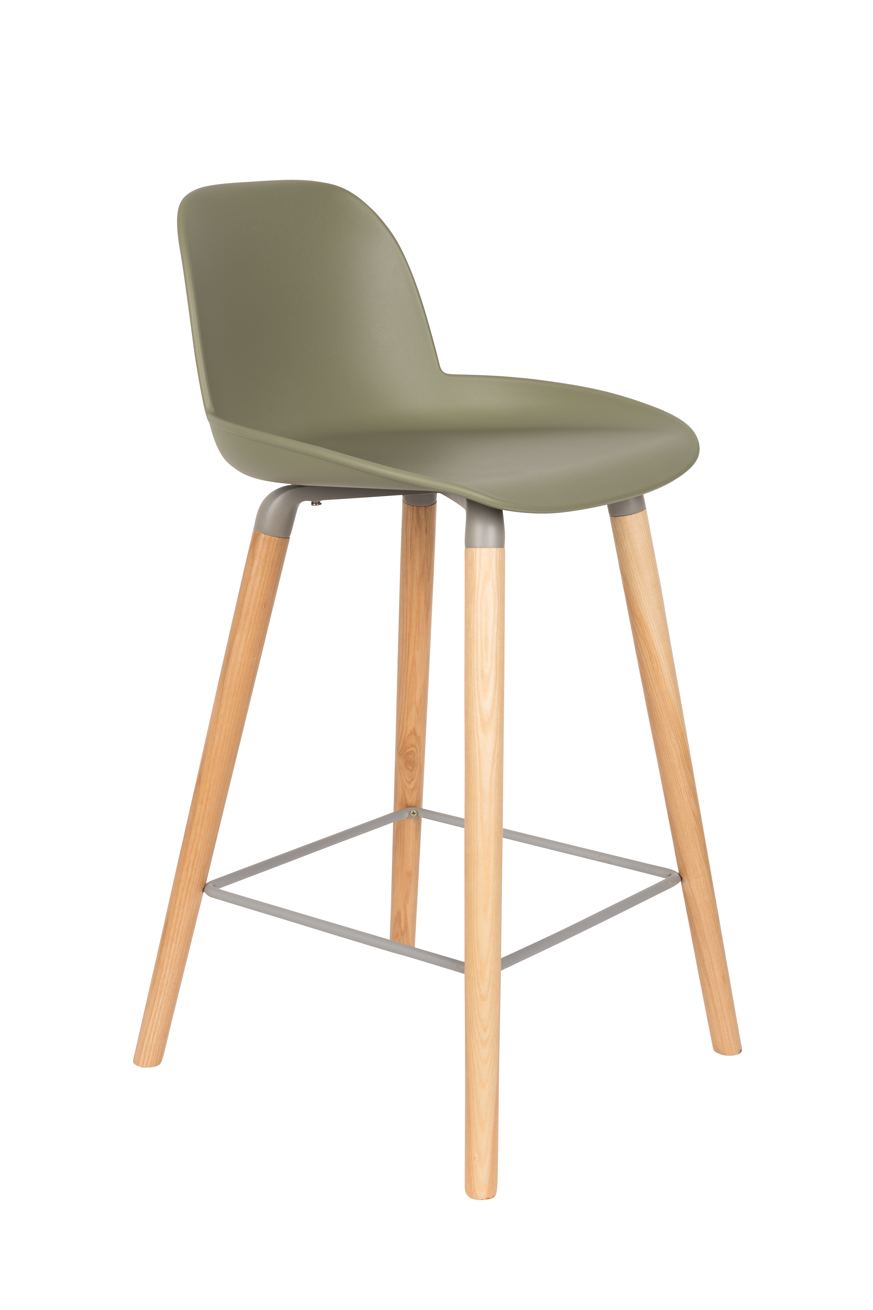 ZUIVER Albert Kuip barstol, m. ryglæn og fodstøtte – grøn polypropylen/natur asketræ (65cm)