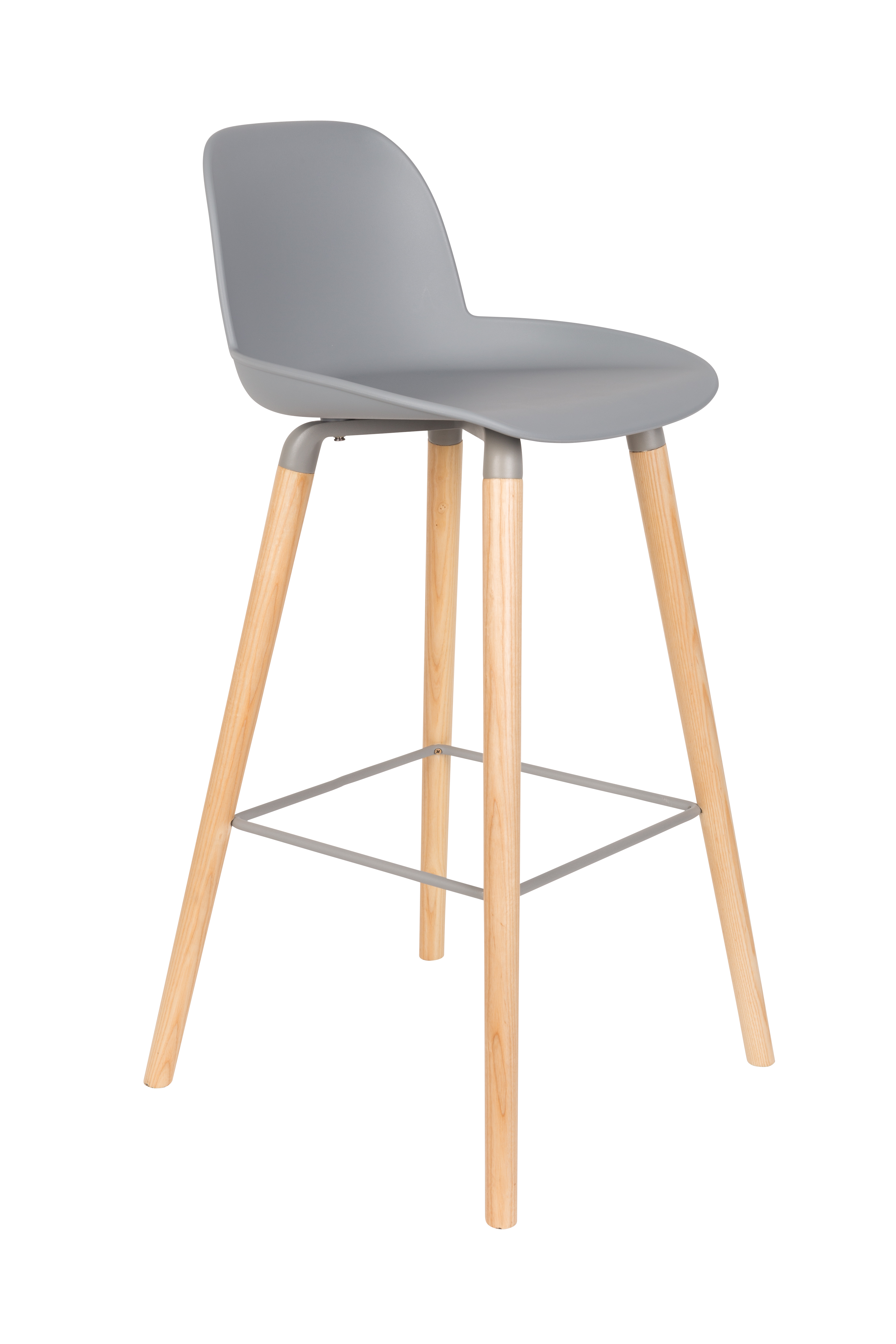 ZUIVER Albert Kuip barstol, m. ryglæn og fodstøtte – lysegrå polypropylen/natur ask (75cm)