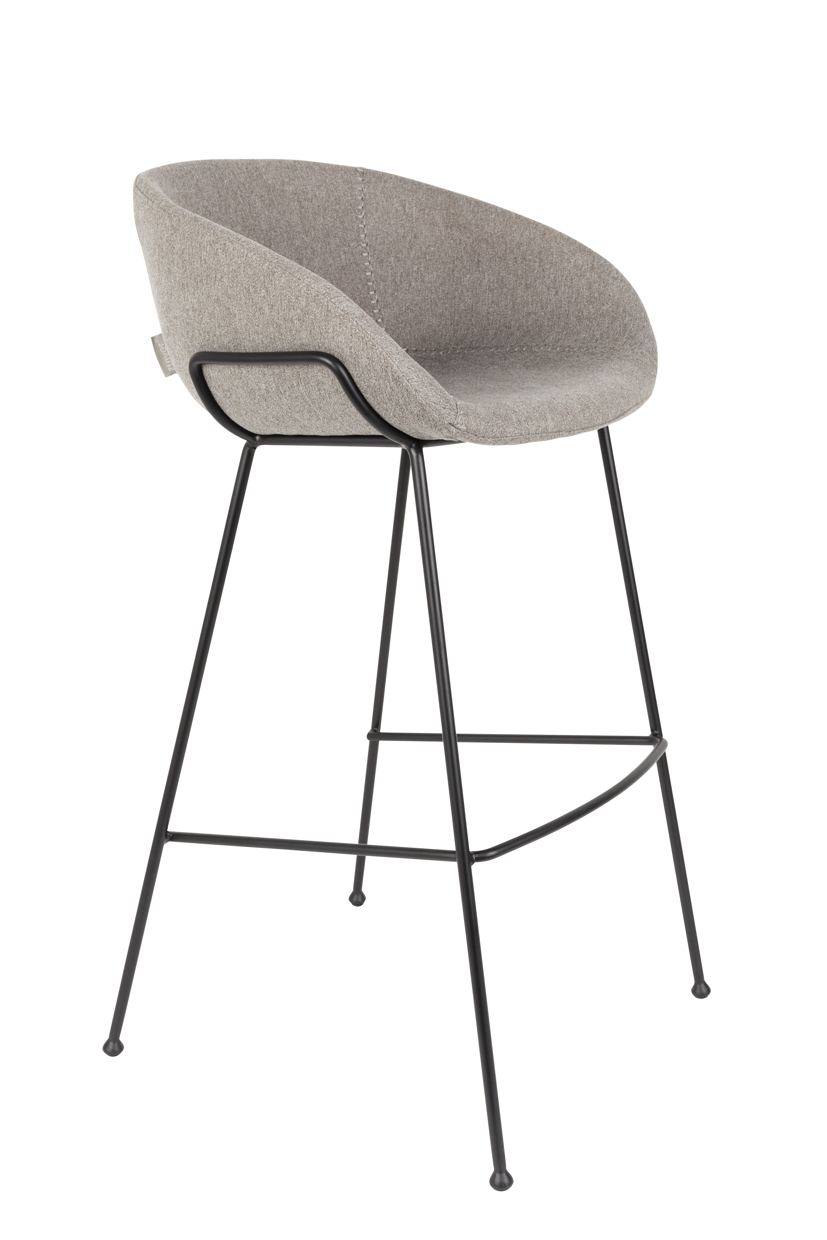 ZUIVER Feston barstol, m. ryglæn, armlæn og fodstøtte – grå polyester og sort stål (76cm)