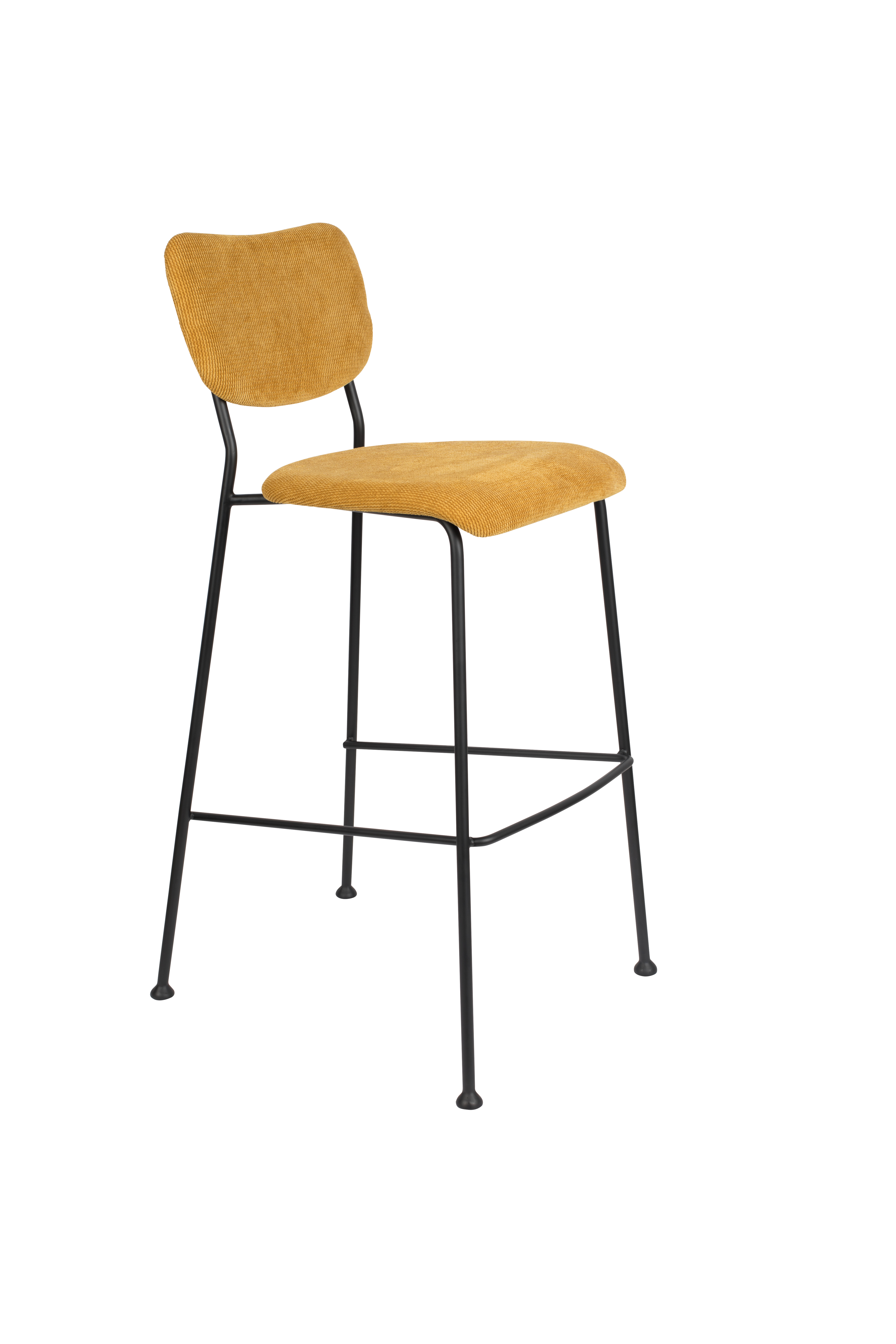 ZUIVER Benson barstol, m. ryglæn og fodstøtte – okkergul fløjl polyester/nylon og sort stål (75,5cm)
