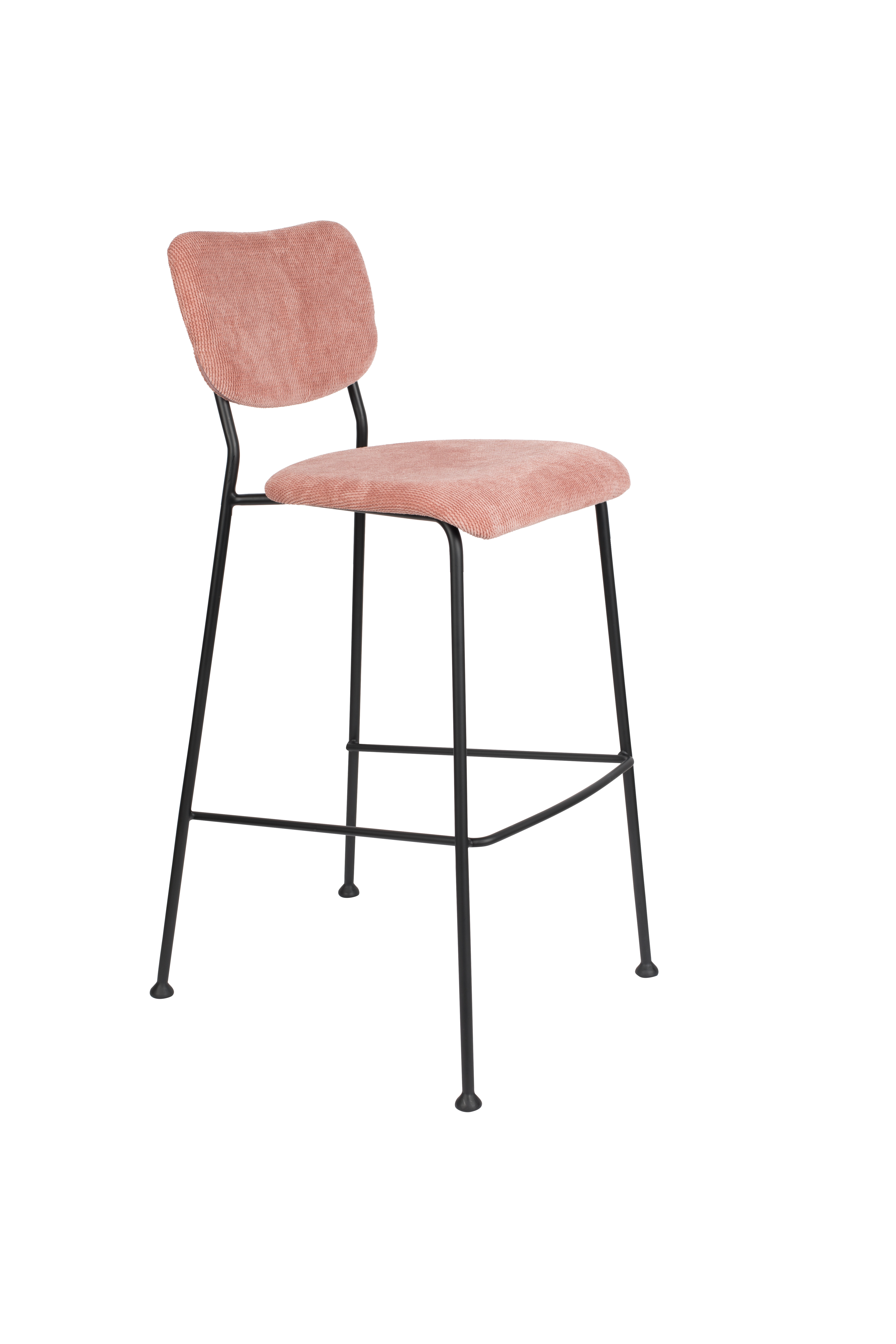 ZUIVER Benson barstol, m. ryglæn og fodstøtte – lyserød fløjl polyester/nylon og sort stål (75,5cm)