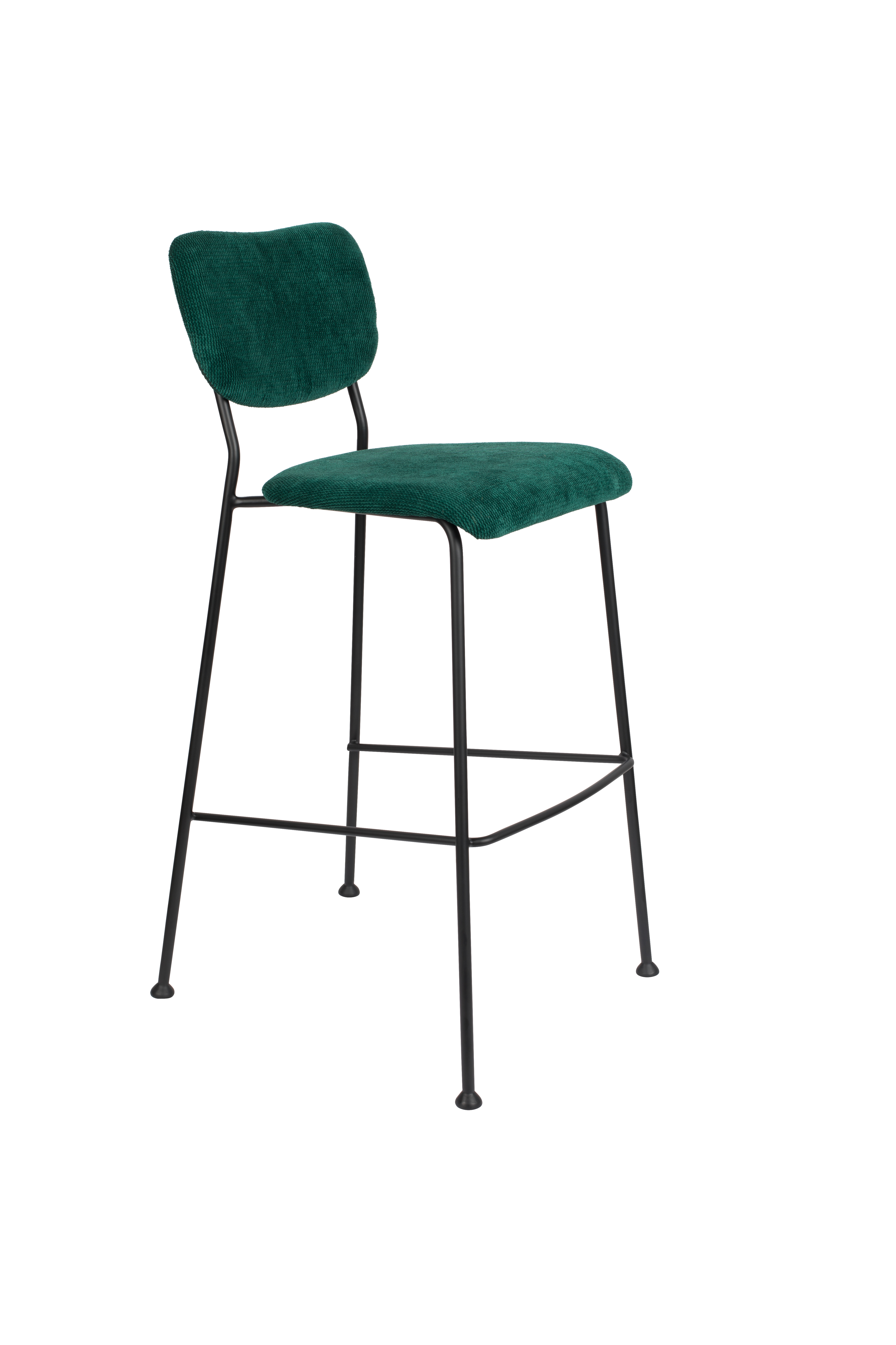 ZUIVER Benson barstol, m. ryglæn og fodstøtte – grøn fløjl polyester/nylon og sort stål (75,5cm)