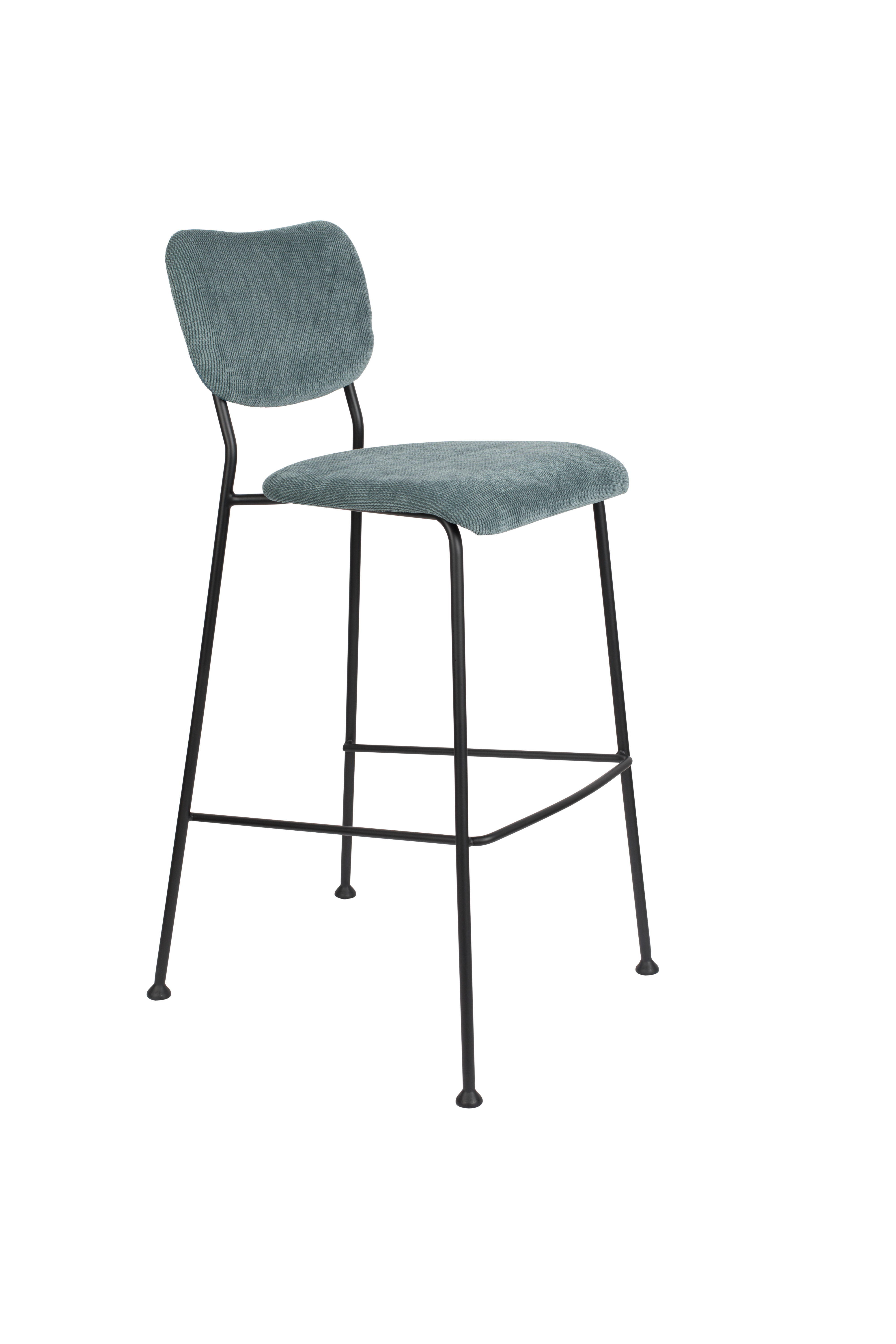 ZUIVER Benson barstol, m. ryglæn og fodstøtte – gråblå fløjl polyester/nylon og sort stål (75,5cm)