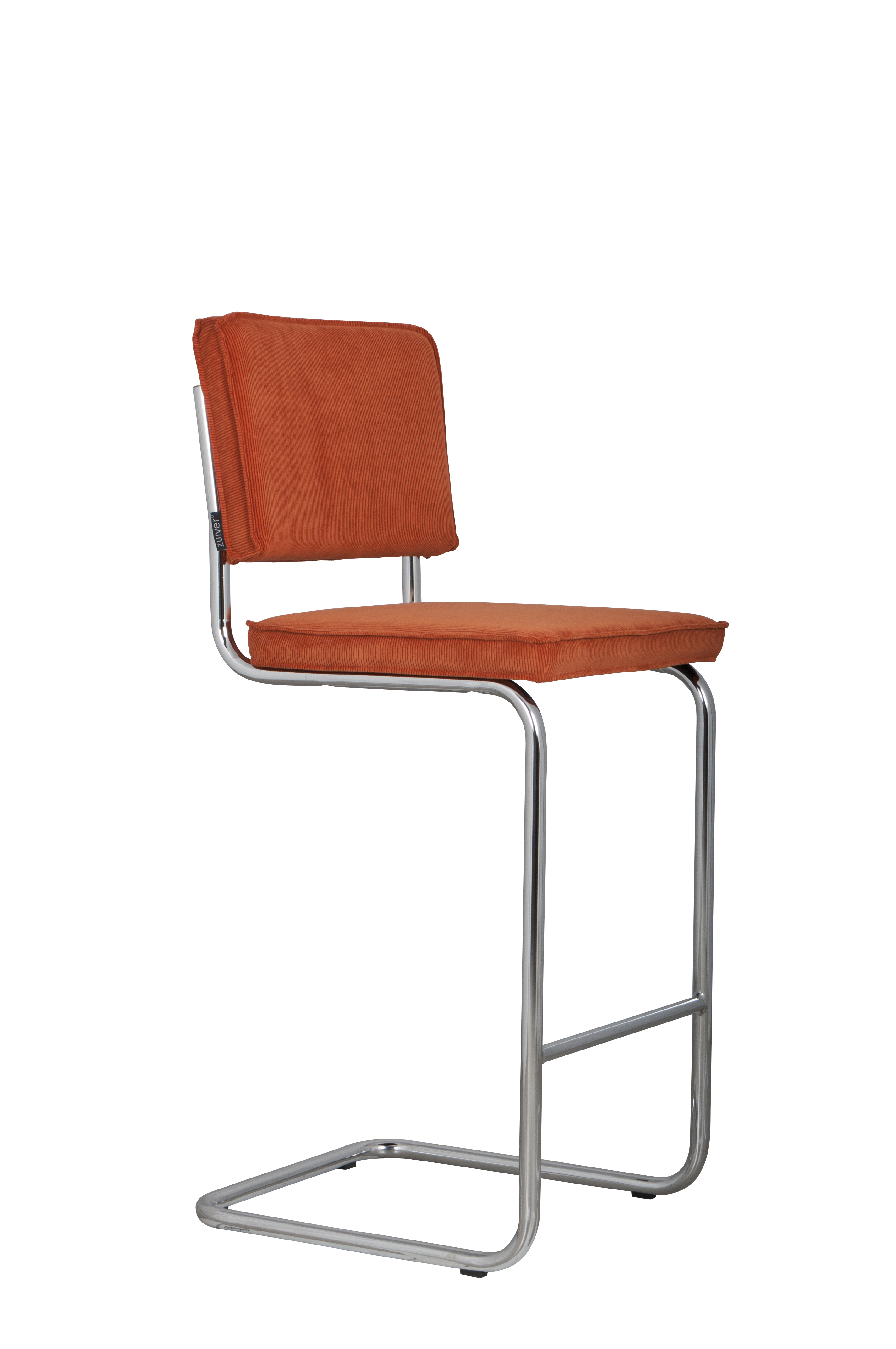 ZUIVER Ridge Rib barstol, m. ryglæn og fodstøtte – orange fløjl polyester/nylon og sølv krom
