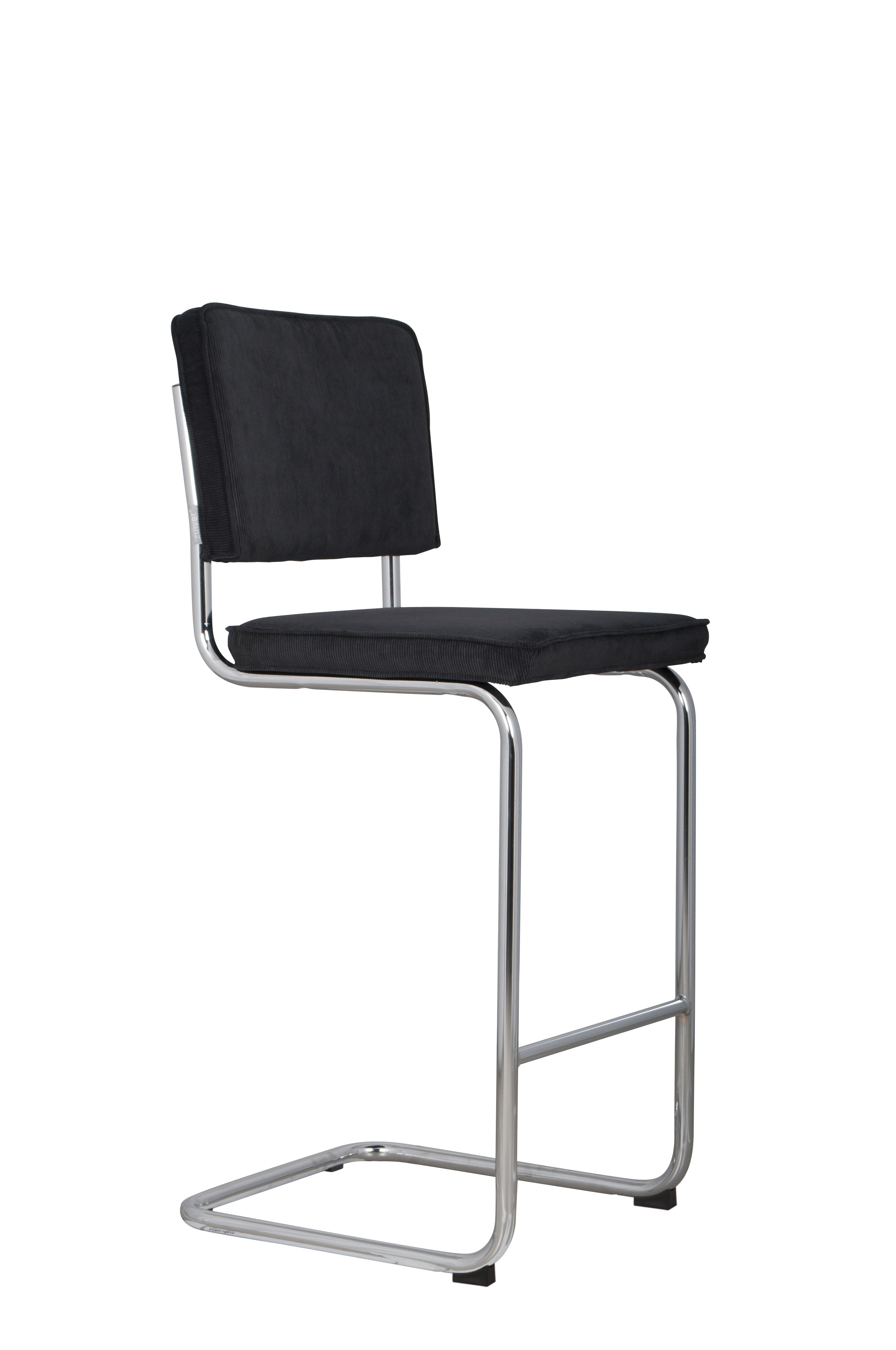 ZUIVER Ridge Rib barstol, m. ryglæn og fodstøtte – sort fløjl polyester/nylon og sølv krom