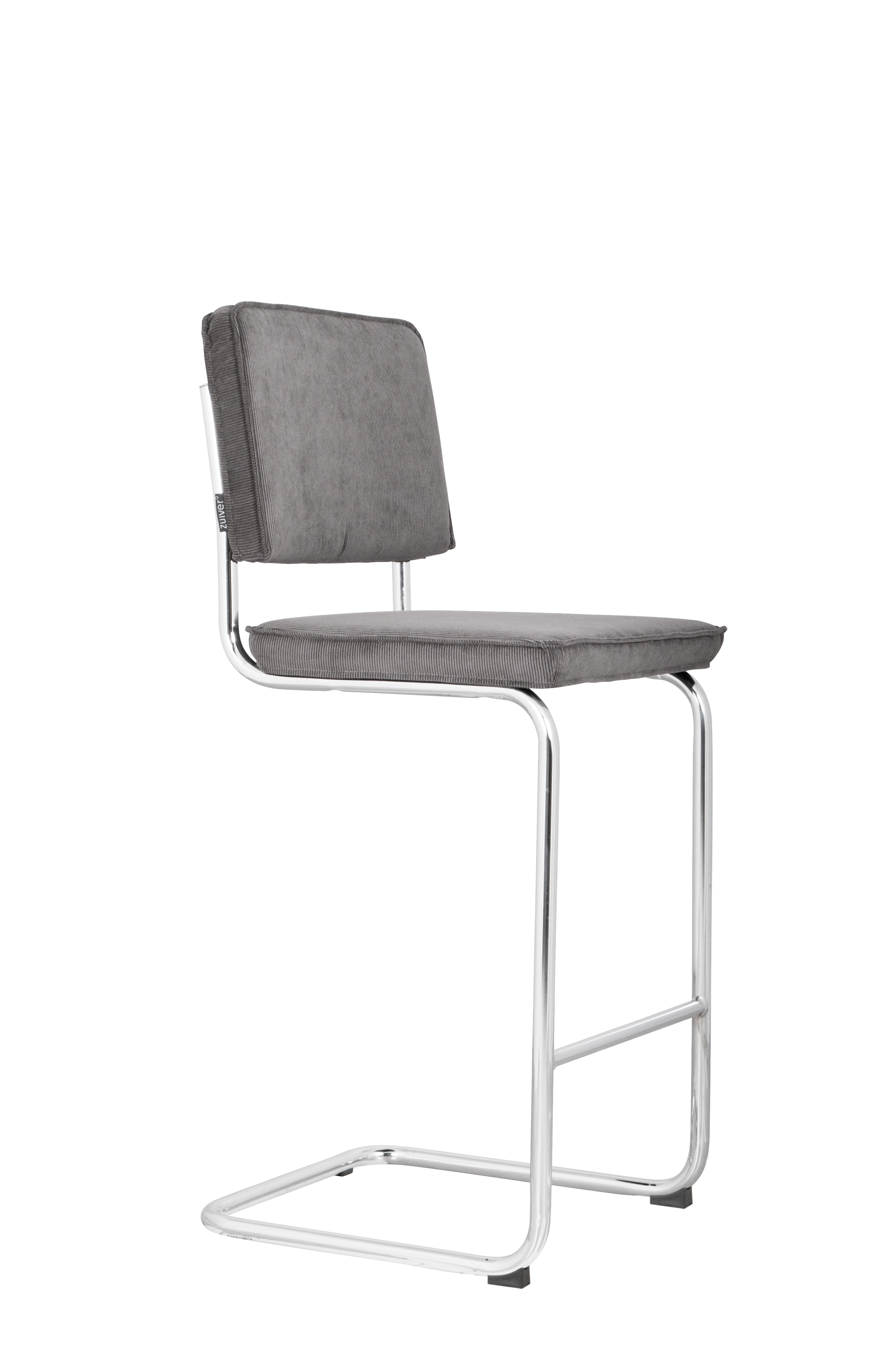 ZUIVER Ridge Rib barstol, m. ryglæn og fodstøtte – grå fløjl polyester/nylon og sølv krom