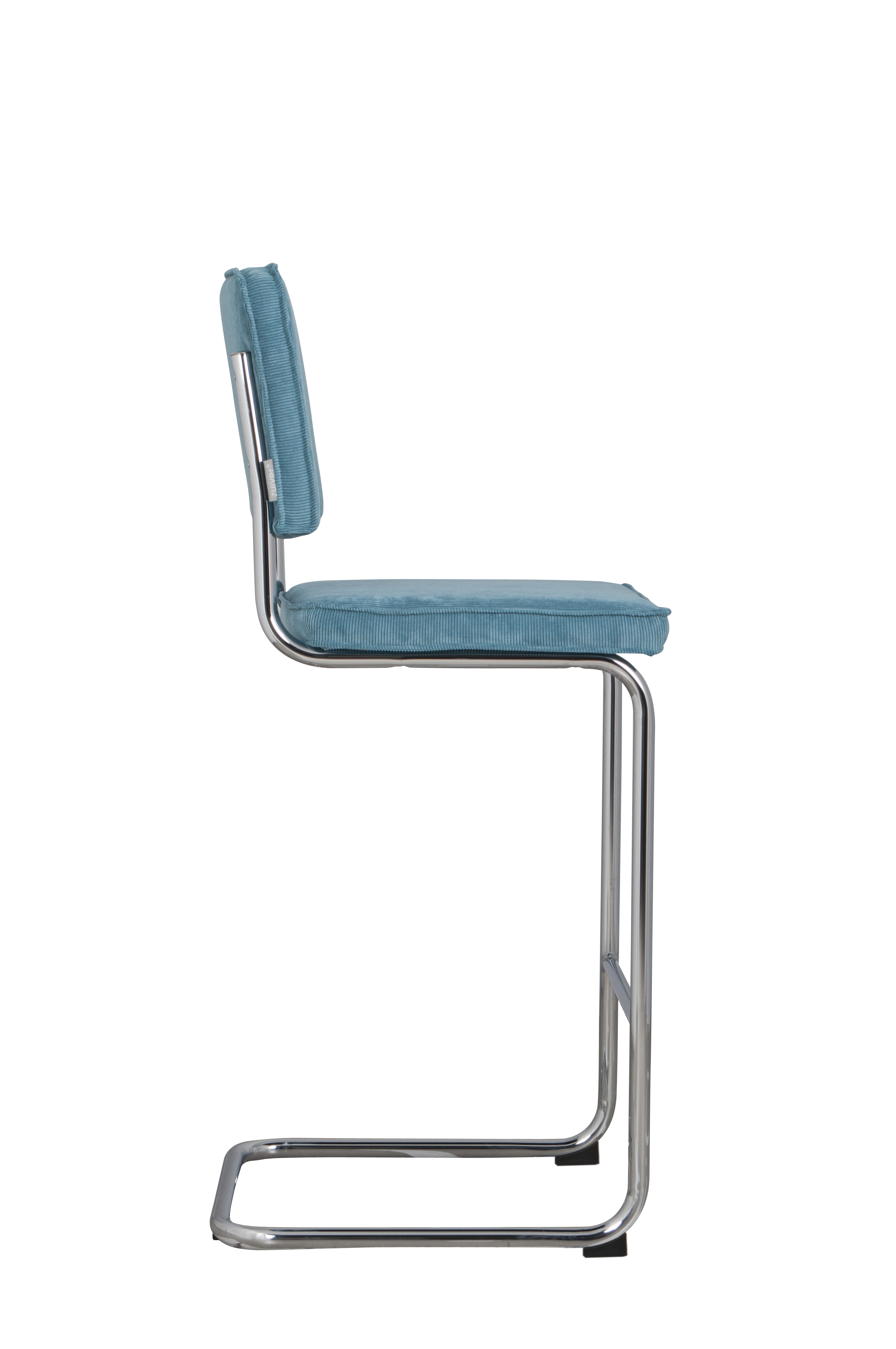 ZUIVER Ridge Rib barstol, m. ryglæn og fodstøtte – blå fløjl polyester/nylon og sølv krom